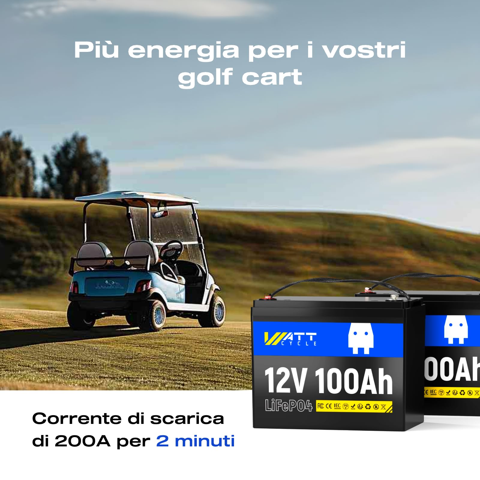 Wattcycle Batteria litio 12V 100Ah LiFePO4, BMS 100A e Protezione Bassa Temperatura, Potenza 1280W, 8000-15000 Cicli, per Camper, Sistema Solare, Off-grid