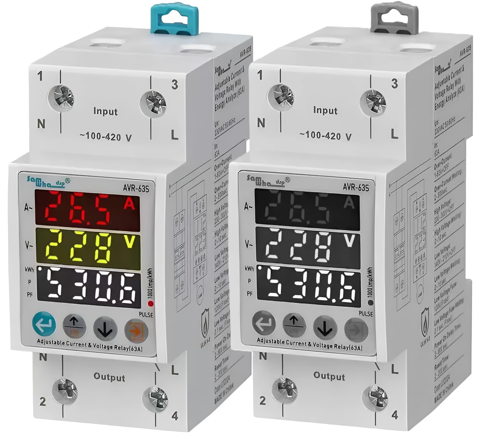 XPR3SS AVR-63S 63Amp Energy Meter Din Rail Voltage Protector Adjustable Voltage & Over Current Protection Relay With Kwh Display With Auto Recovery From Overload
