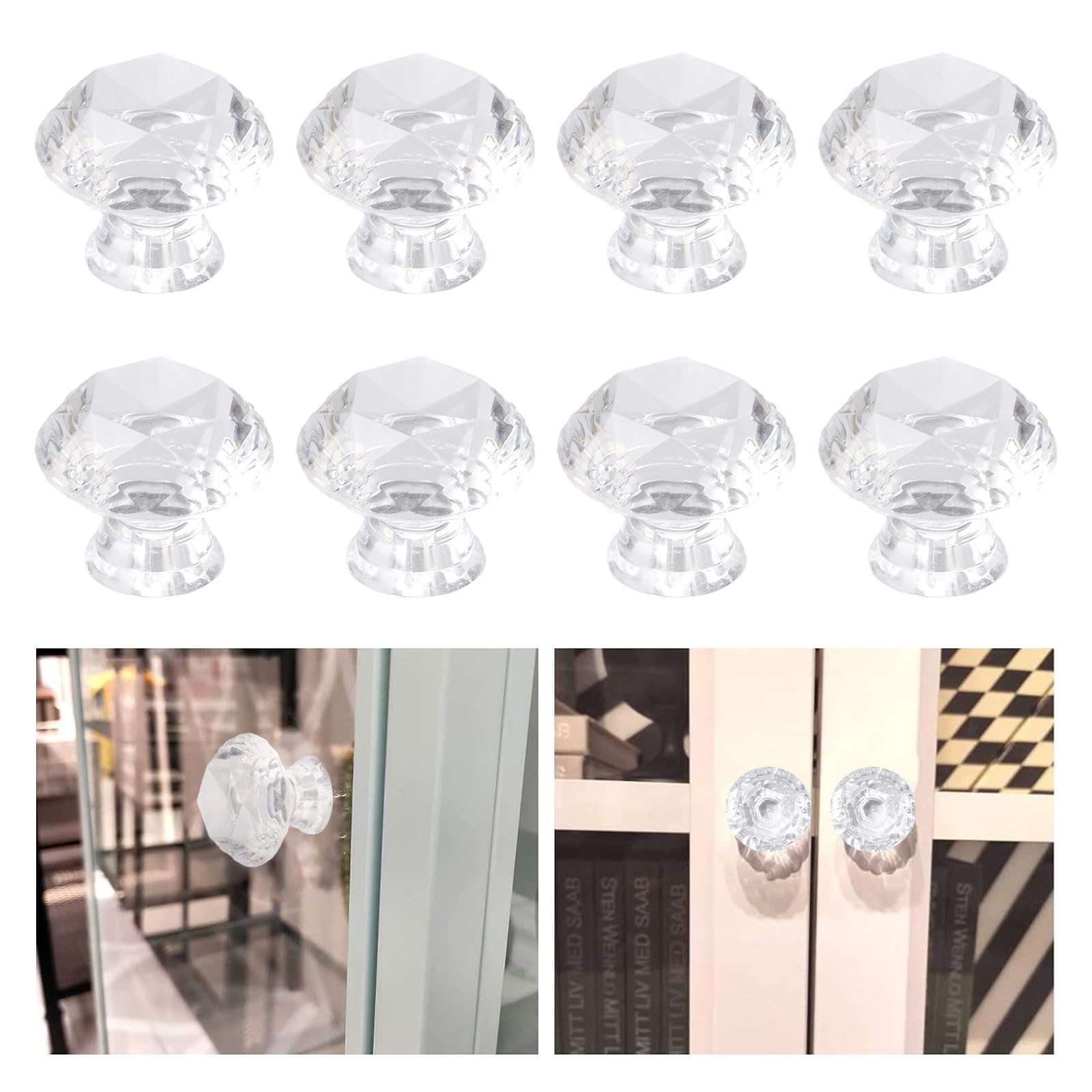 Morobor Transparent Self Adhesive Cabinet Pull Handle, 8Pcs Acrylic Handles Concave Diamond Acrylic Knobs Cupboard Knobs Without Drill Handle For Kitchen Bathroom Mirror Door