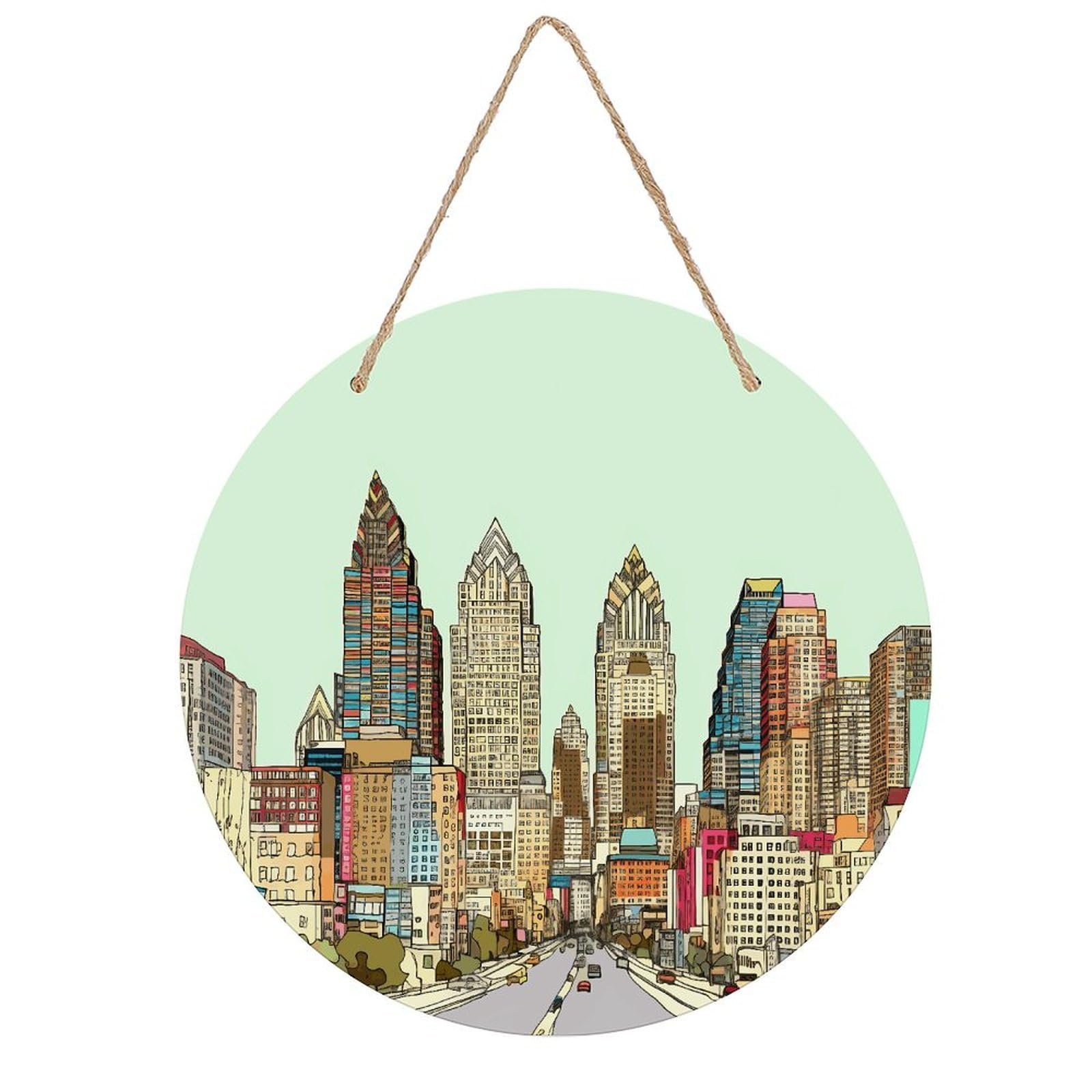 FekiLoot Austin Texas Wall Art Decor Rustic Vintage Hanging Wall Sign Aesthetic Welcome Door Sign with Rope, Round Wood Walls Decoration Picture for Home Front Door 7.9x7.9 in