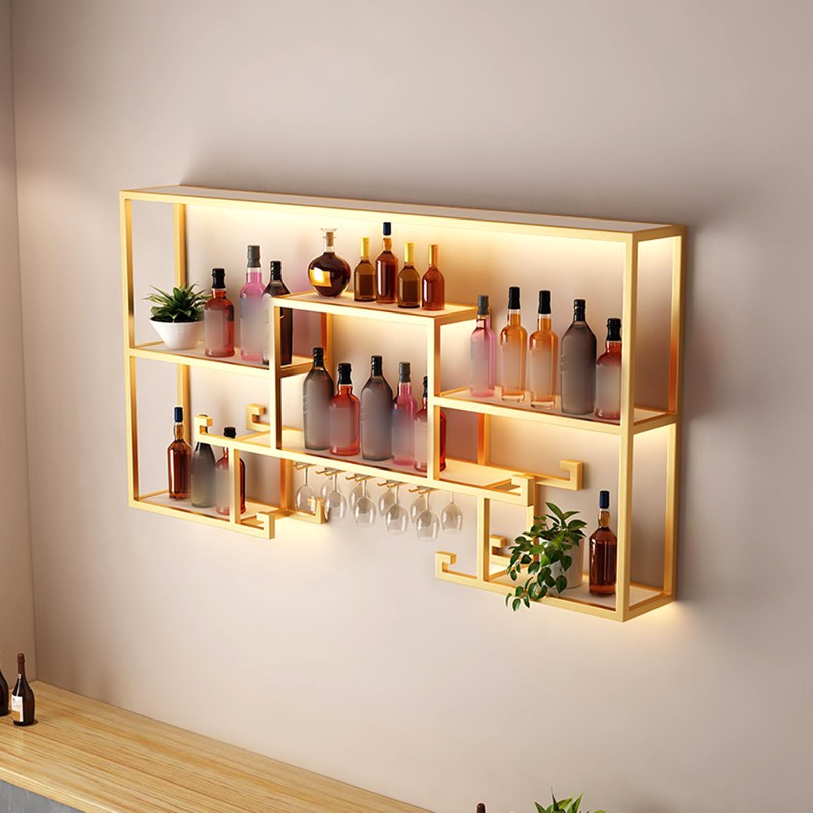 Ayharylh Gold Led Hanging Wall Mounted Wine Rack,Floating Wall Wine Shelves,Bar Liquor Bottle Display Shelf,Wall-Mounted Wine Racks With Glass Holder,For Kitchen, Dining Room, Bar, Restaurant ( Color : Size