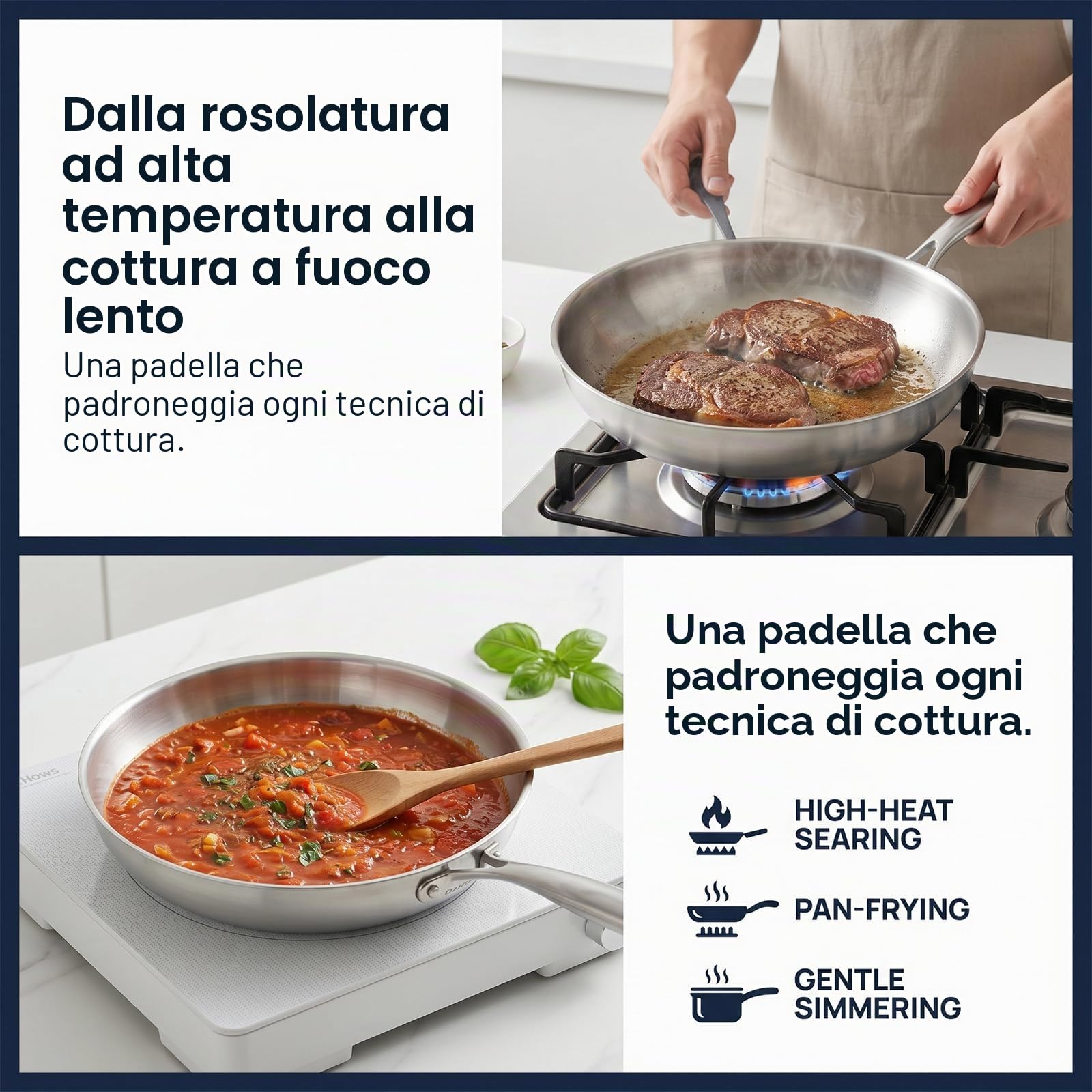 Padella in acciaio inox, 30 cm, a triplo strato, in acciaio inox, a induzione, universale, adatta per tutti i tipi di piatti, forno e lavastoviglie