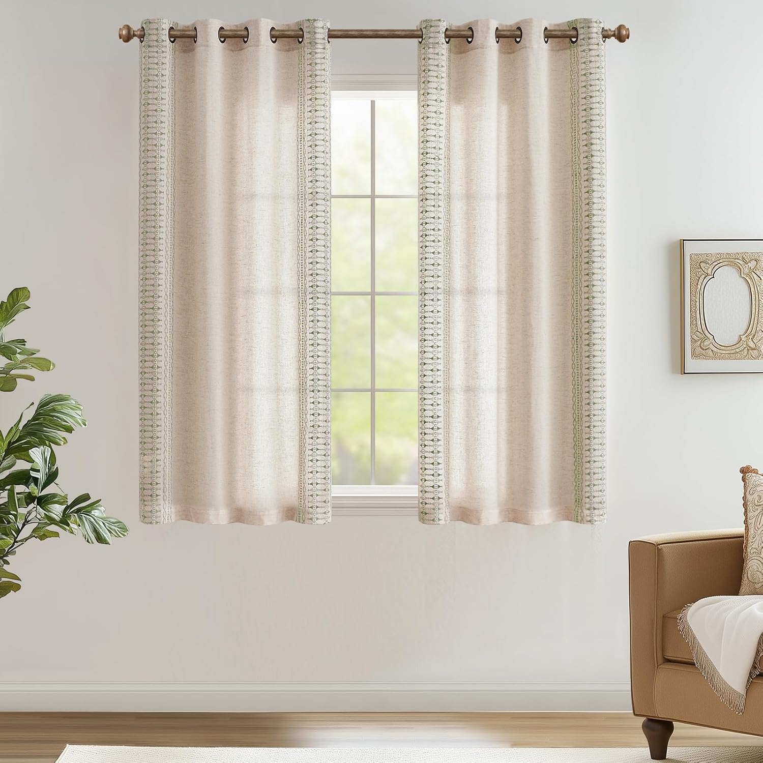 jinchan Boho Curtains for Bedroom Linen Blend Sage Green Embroidered Bordered Window Living Room Curtains Drapes 63 Inch Length Light Filtering Grommet Window Treatments 2 Panels Sage on Beige Boho| Sage on Beige 50"W x 63"L (Pack of 2)