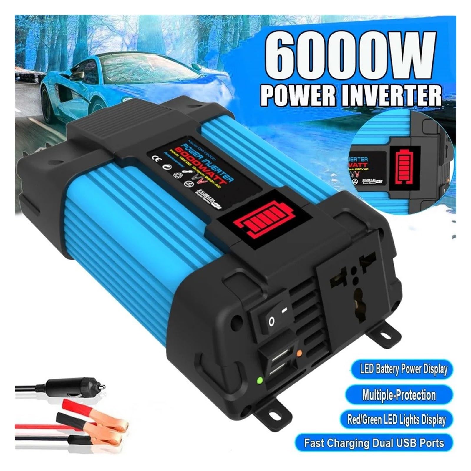 Transformateur Convertisseur Tension Voiture Peak 6000 W avec Affichage LED Transformateur Tension Capacité 12 V 220 V/110 V Double USB pour Appareils Automobiles Onduleur Convertisseur(220V,4000W)