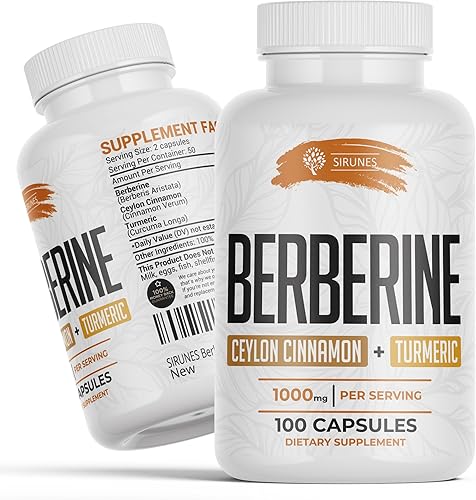 Miniatura 8 de SIRUNES Cápsulas de berberina Ceilán, canela y cúrcuma, suplemento dietético de berberina HCL para hombres y mujeres, berberina sin OMG, 1000 mg,