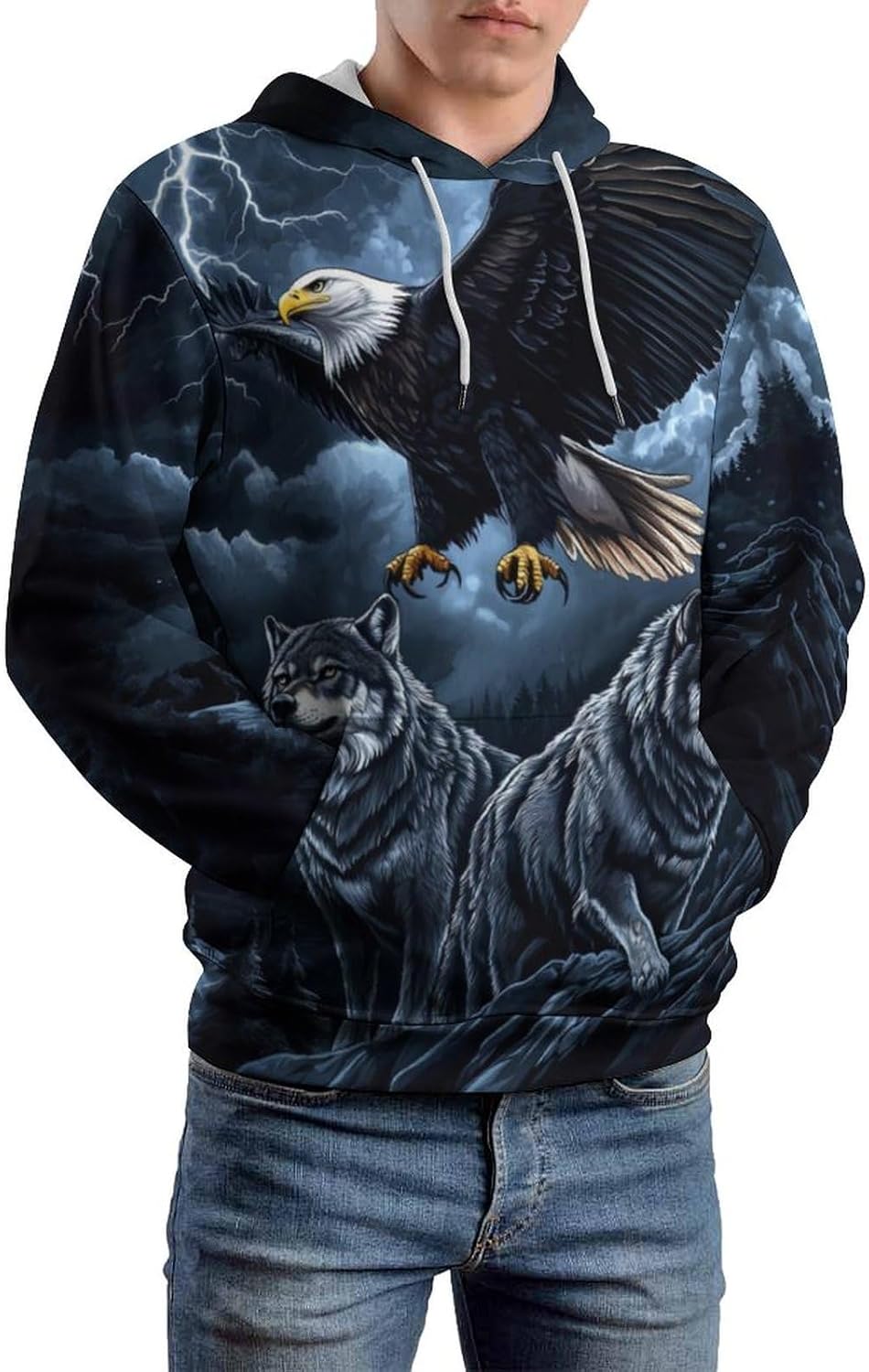 Men's 3d Print Wolf And Bald Eagle Graphic Hoodie Animal Themed Sweatshirt - Image 2
