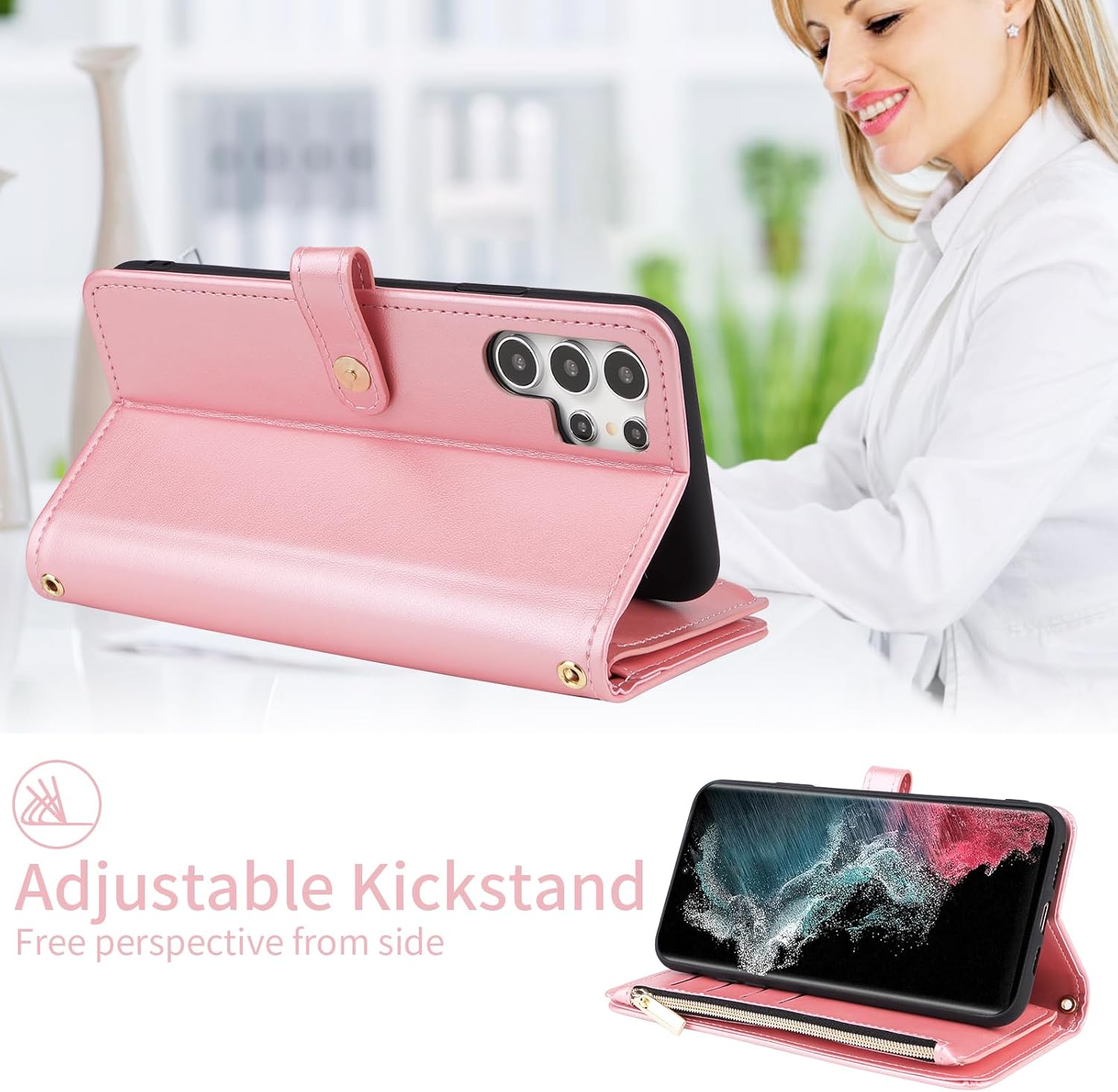 for Samsung Galaxy S25 Ultra 5G Floral Wallet Case with Wrist Strap Shoulder Strap, Zipper PU Leather Flip Credit Card Holder Stand Cell Phone Cover for S25Ultra 25S S 25 Women Men Pink - Image 4