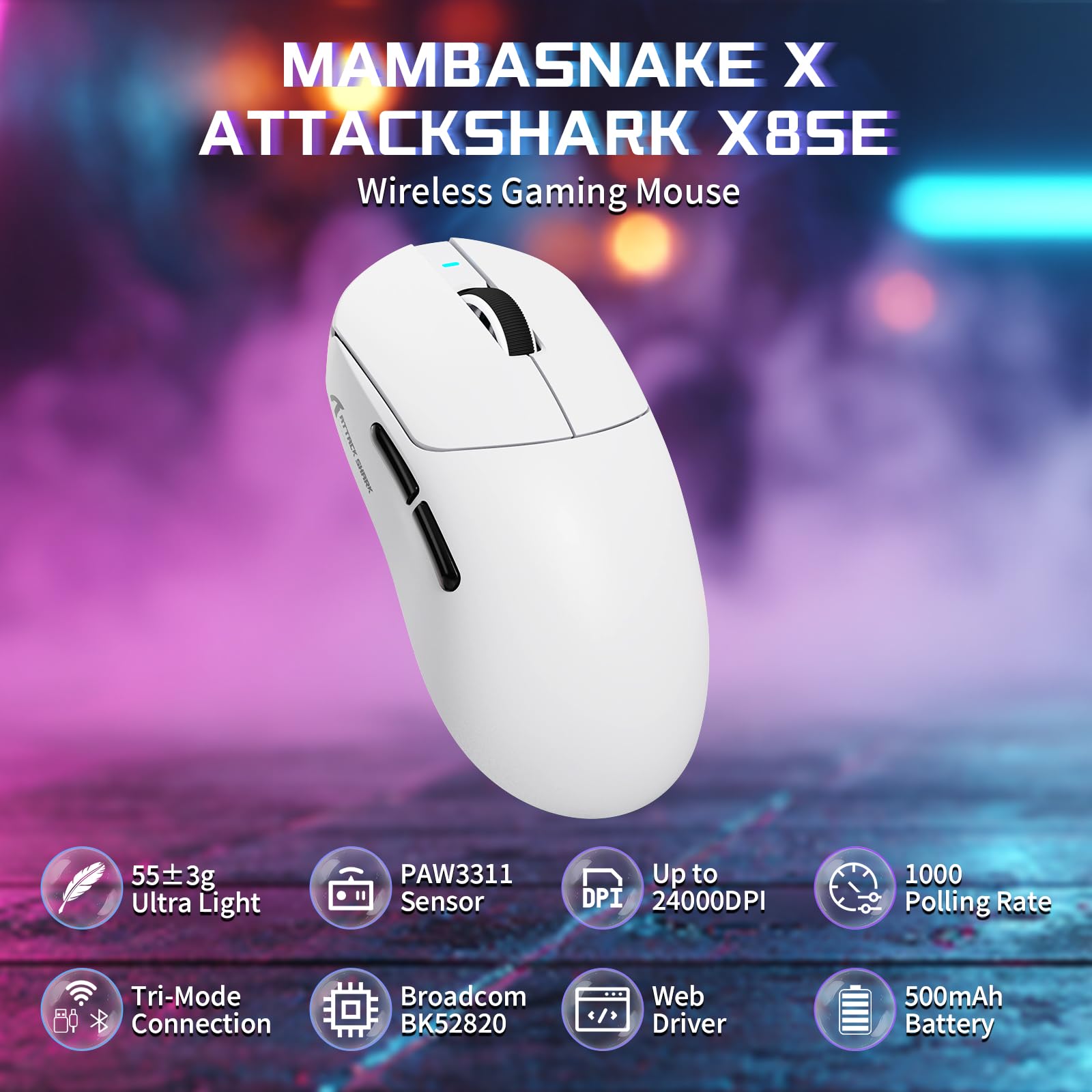 MAMBASNAKE X ATTACK SHARK X8SE 55g Souris gaming sans fil ultra-légère-Jusqu'à 25000DPI,capteur PAW3311,trimode BT/2,4G/USB-C,80 millions de clics,accélération 40G,500mAh,pilote web,pour Win/Mac-Blanc