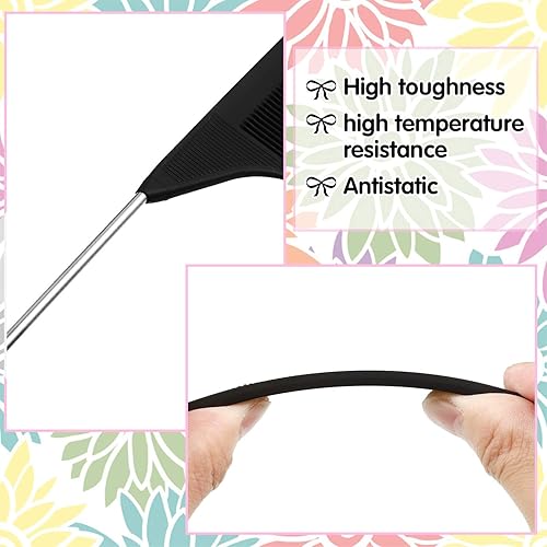 Miniatura 3 de Patelai Peine de separación para trenzas de acero, cola de rata, fibra de carbono, resistente al calor, con cola de acero inoxidable (negro,