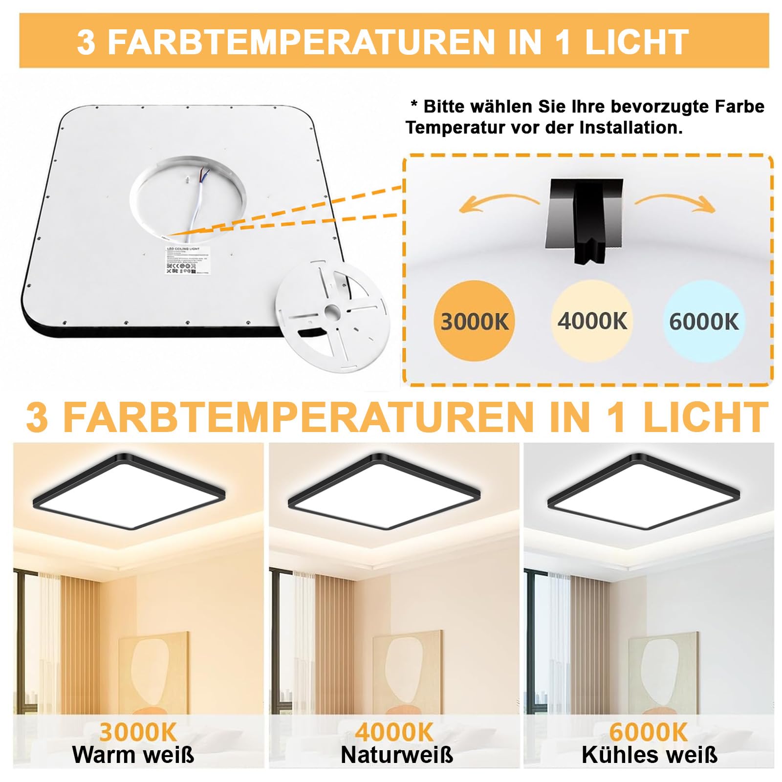 LED Deckenleuchte 32W 6000K/4000K/3000K, 4000LM IP54 Ultra Dünn Deckenlampe, Flach Quadrat Modern Badezimmer Lampe Küchenlampe für Flur Schlafzimmer Balkon Wohnzimmer Ø45CM, Schwarz 1Stücke