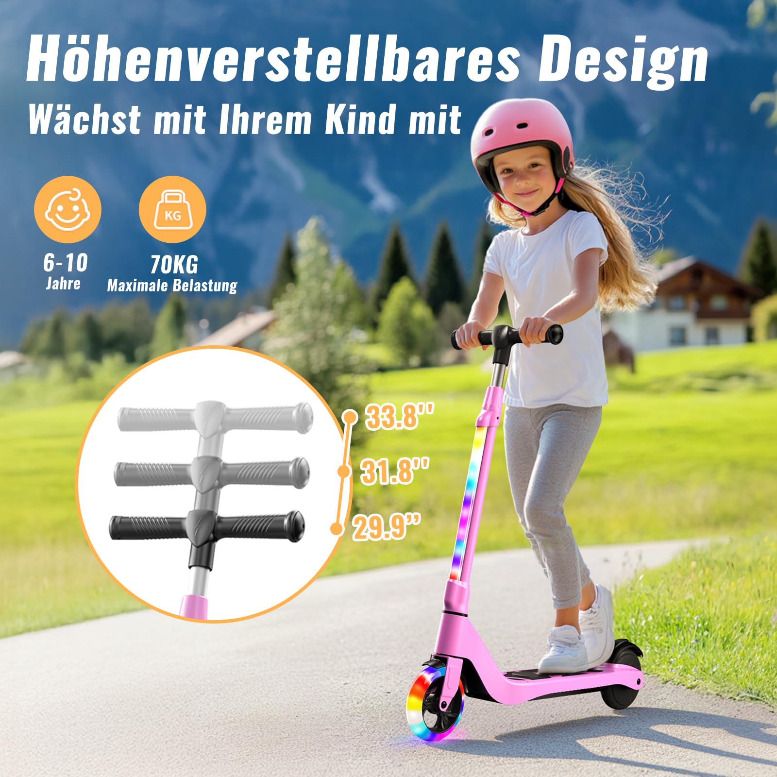 Patinete TST para niños de 6 a 10 años, patinete eléctrico de 5.3 pulgadas para niños con luces LED intermitentes y 3 alturas ajustables, patinete para niños con motor de 45W, velocidad máxima 10 km/h
