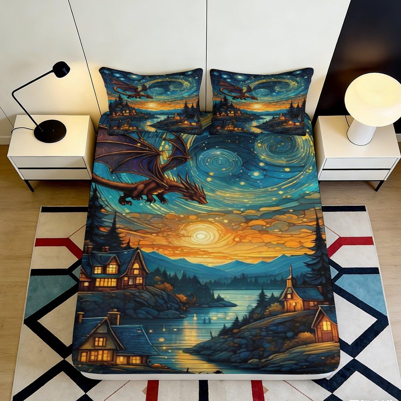 3D Printed Fantasy Dragon Fitted Sheet Microfiber Soft Breathable Sunset Lake Mattress Cover for Bedroom Decoration 90x200x25cm