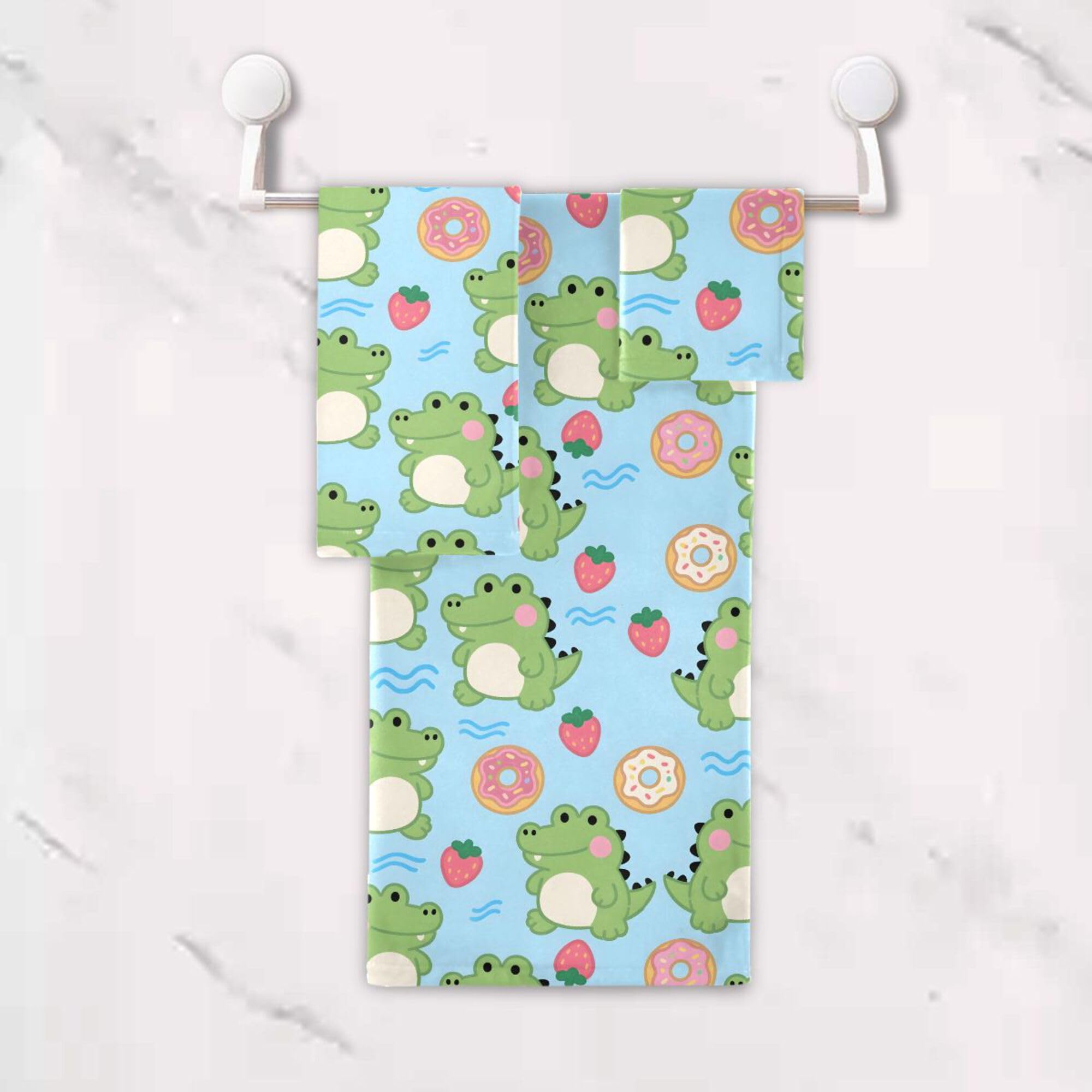 ALAZA Juego de 3 toallas para baño, diseño de cocodrilo, fresa, dona, baño, baño, baño, playa, decoración