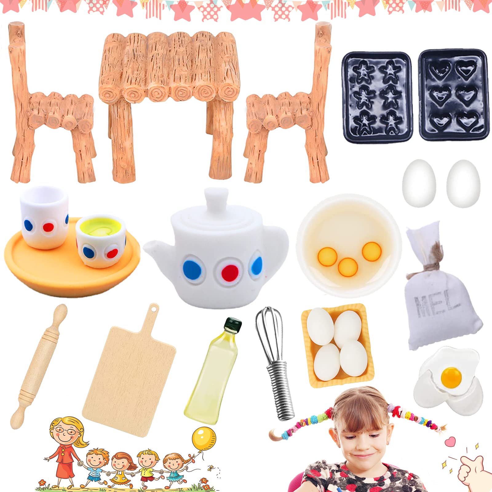 23-Piece Dollhouse Accessories, Miniature Dollhouse Set, Gnome Accessories Baking, Dollhouse Accessories, 1/12 Gnome Includes Eggs, Rolling Pin, Table, Flour Bag, for Mini Bakery Decoration