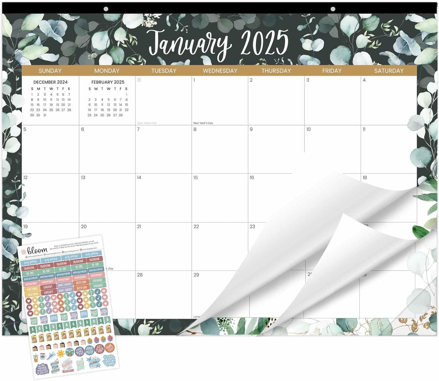 bloom daily planners 2025 Desk Calendar - 21" x 16" Large Monthly Organizer Pad with Stickers (January 2025 - December 2025) Desktop Blotter - Greenery
