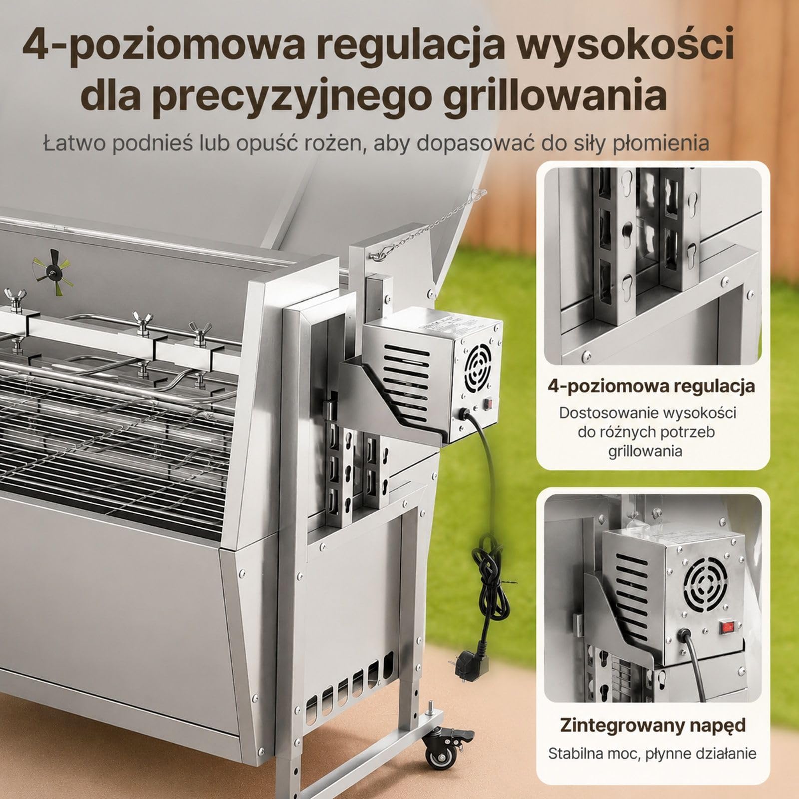 Grill rożenowy na węgiel z kółkami, pokrywą, rożnem ze stali nierdzewnej i regulacją wysokości do jagnięciny oraz prosiąt na zewnątrz