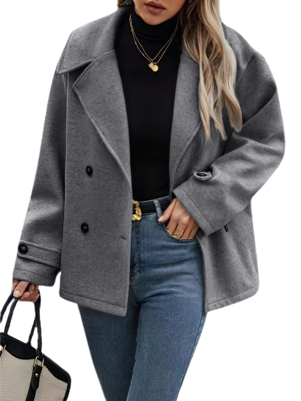 CHOUYATOU Womens Winter Loose Fit Cropped Wool Coat Double Breasted Dressy Short Blazer Jacket Peacoat