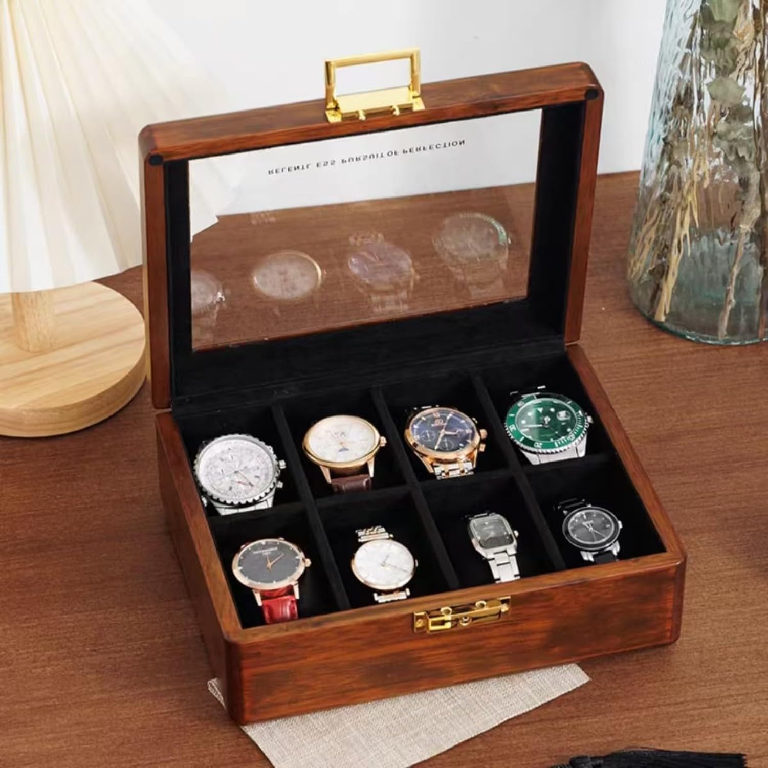 Porta Orologio in Legno Massello 8 Alloggi con Coperchio in Vetro Astuccio da Collezione Noce Custodia Espositiva Organizer, 8 Fodera di Velluto Nero Slot, Legno di Teak Dorato Massiccio