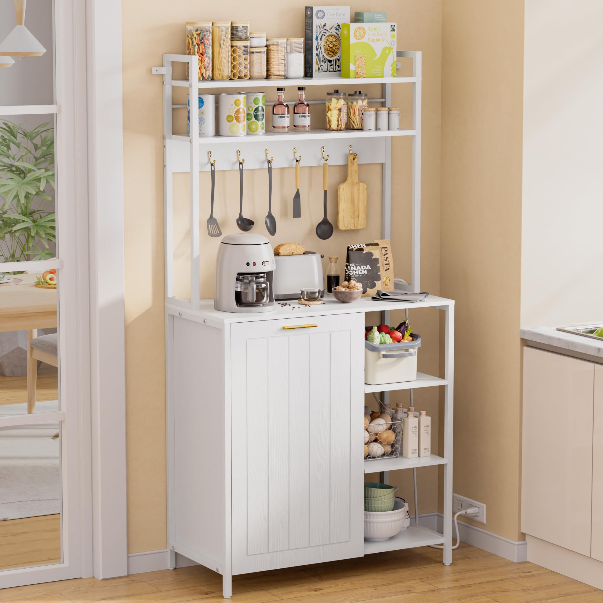 TITIMO Bakers Rack with Trash Can Storage Bin Cabinet and Power Outlet, Farmhouse Microwave Stand Cabinet for Kitchen, 6-Tiers Coffee Bar Table
