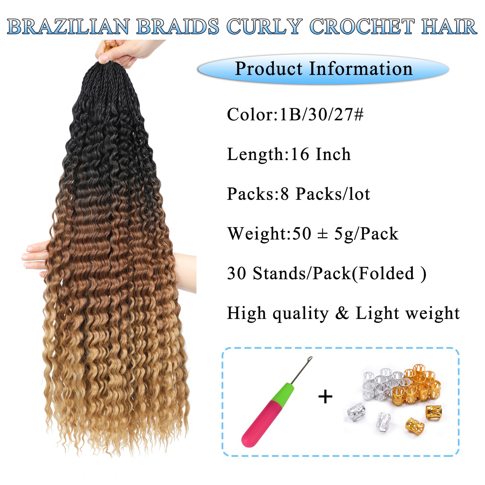 Auxemuen 8Packs Curly Crochet Braiding Hair 16Inch Pre Looped Deep Wave Braiding Hair Ocean Wave Crochet Hair Soft Synthetic Bohemian Curly Water Wave Crochet Braids for Women (1B/30/27) - Image 2