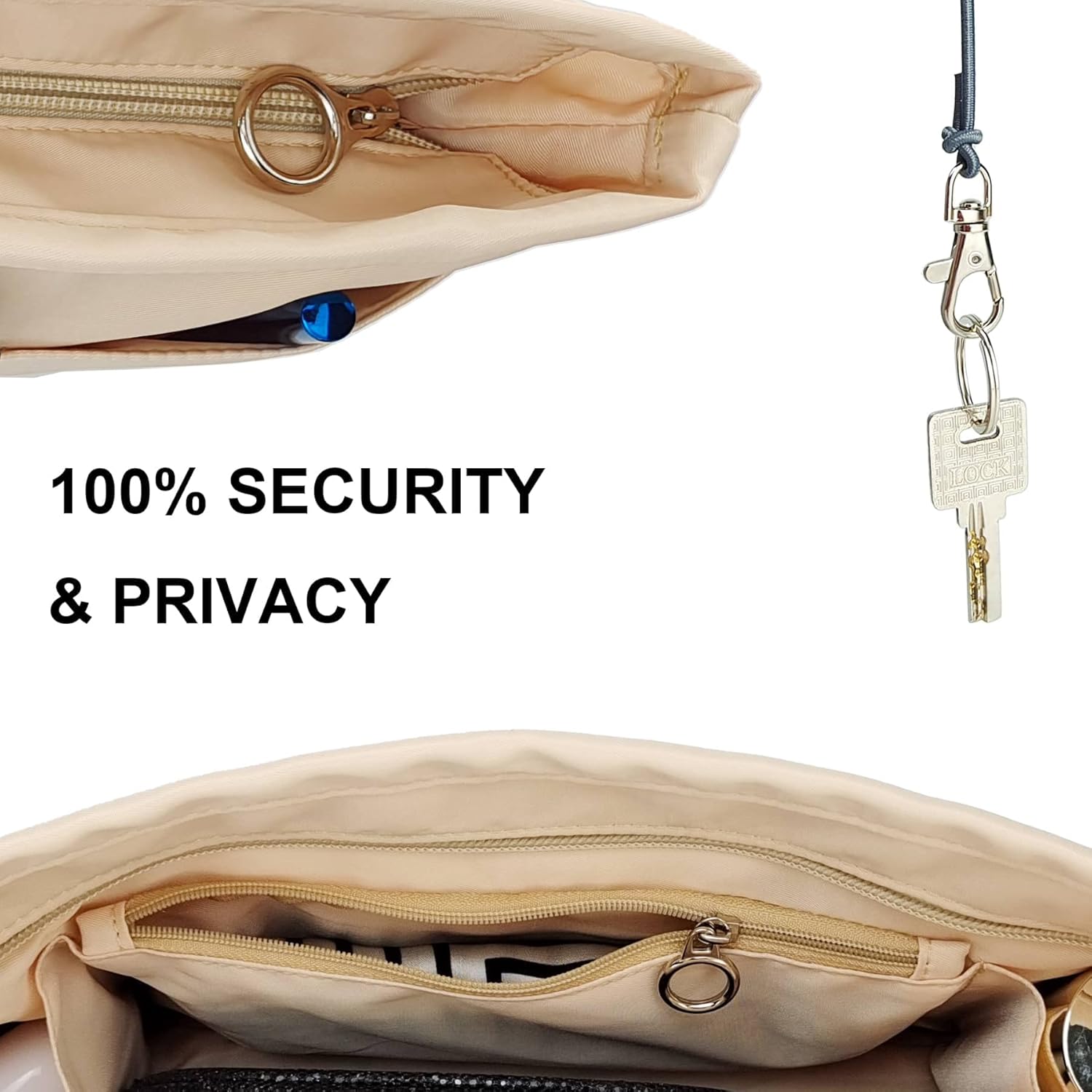 Time Wing Purse Organizer Insert Tote Handbag Organizer Divider Bag in Bag Shaper Liner Multi Pockets Compartments Zippers Key Chain Large Beige