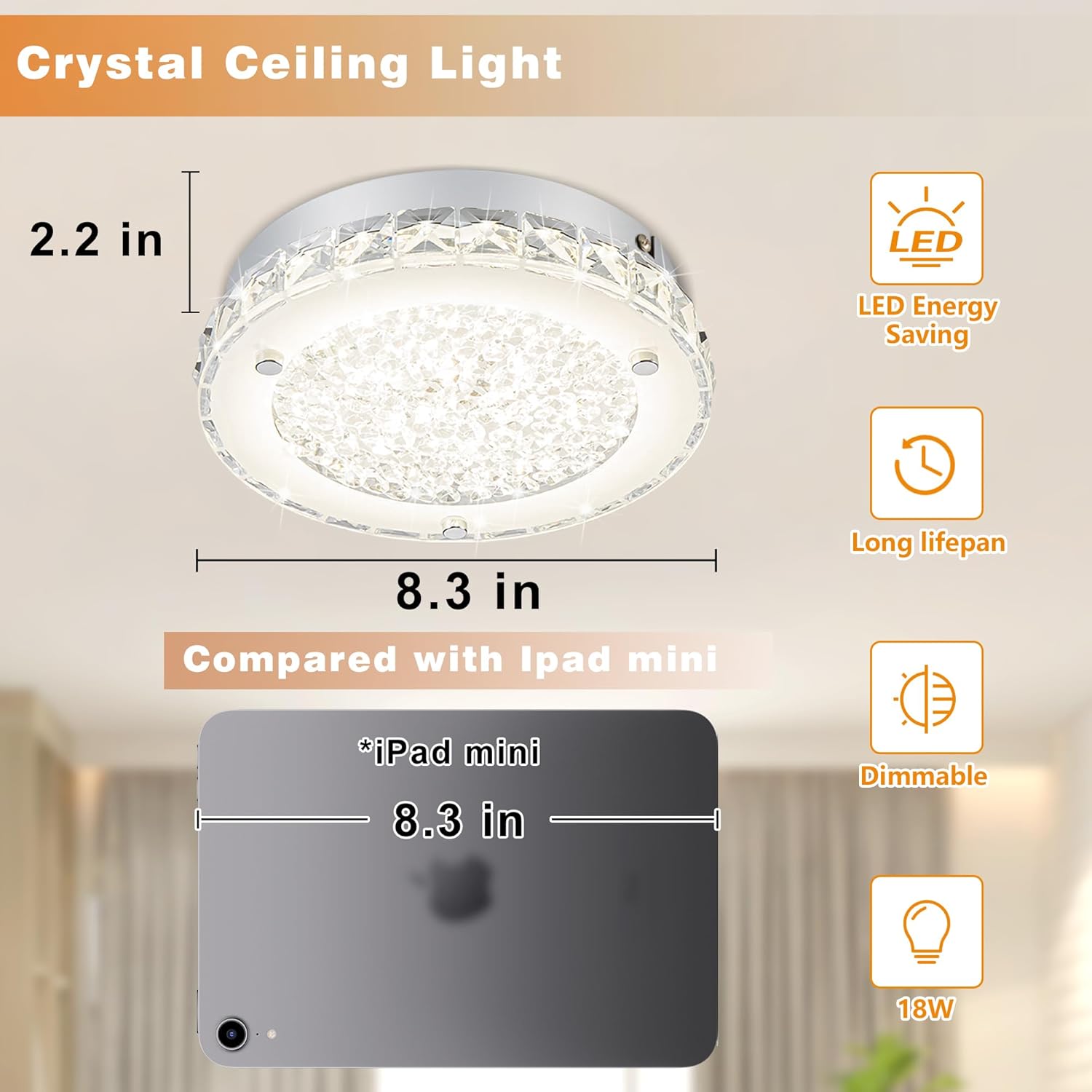 Modern Crystal Flush Mount Ceiling Light 4000K LED Flush Mount Crystal Ceiling Light Dimmable Small Chandelier for Closet Bathroom Staircase Dining Room Laundry Kitchen Foyer Hallway 8.3"