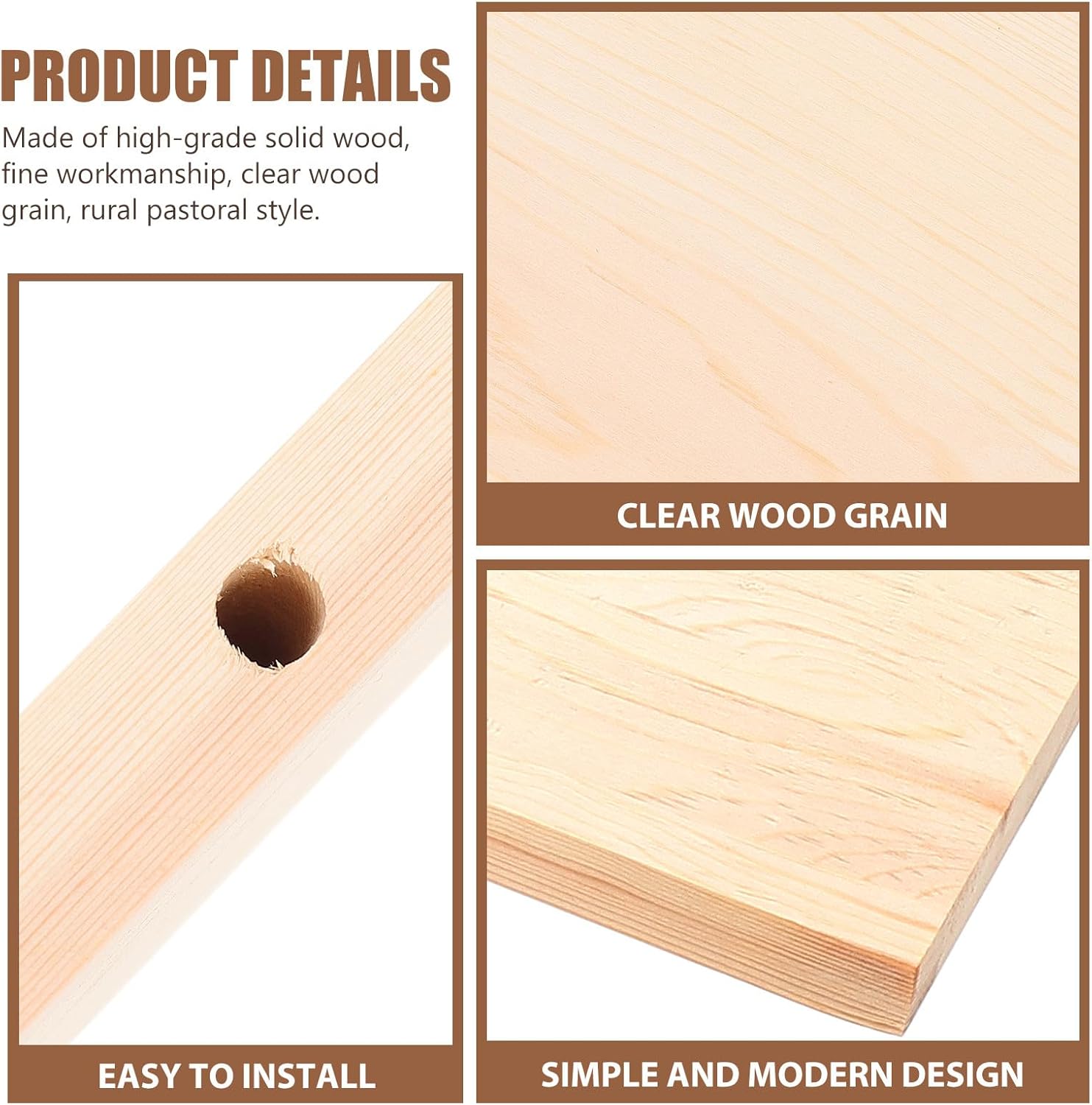 Multi-use Wooden Floating Wall Shelf 3pcs Set (20cm, 30cm, 40cm) Natural Wood Tone Floating Shelves for Living Room Bedroom Kitchen Storage and Display