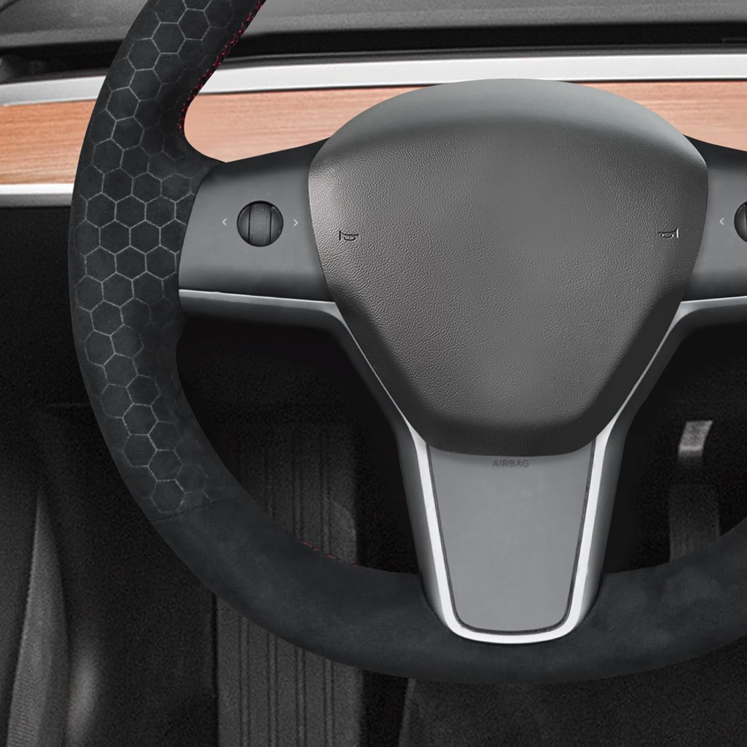 MEWANT Hand Stitch Steering Wheel Cover for Tesla Model Y Model 3 2023 Made of Black Smooth Hexagon Embossed Athsuede