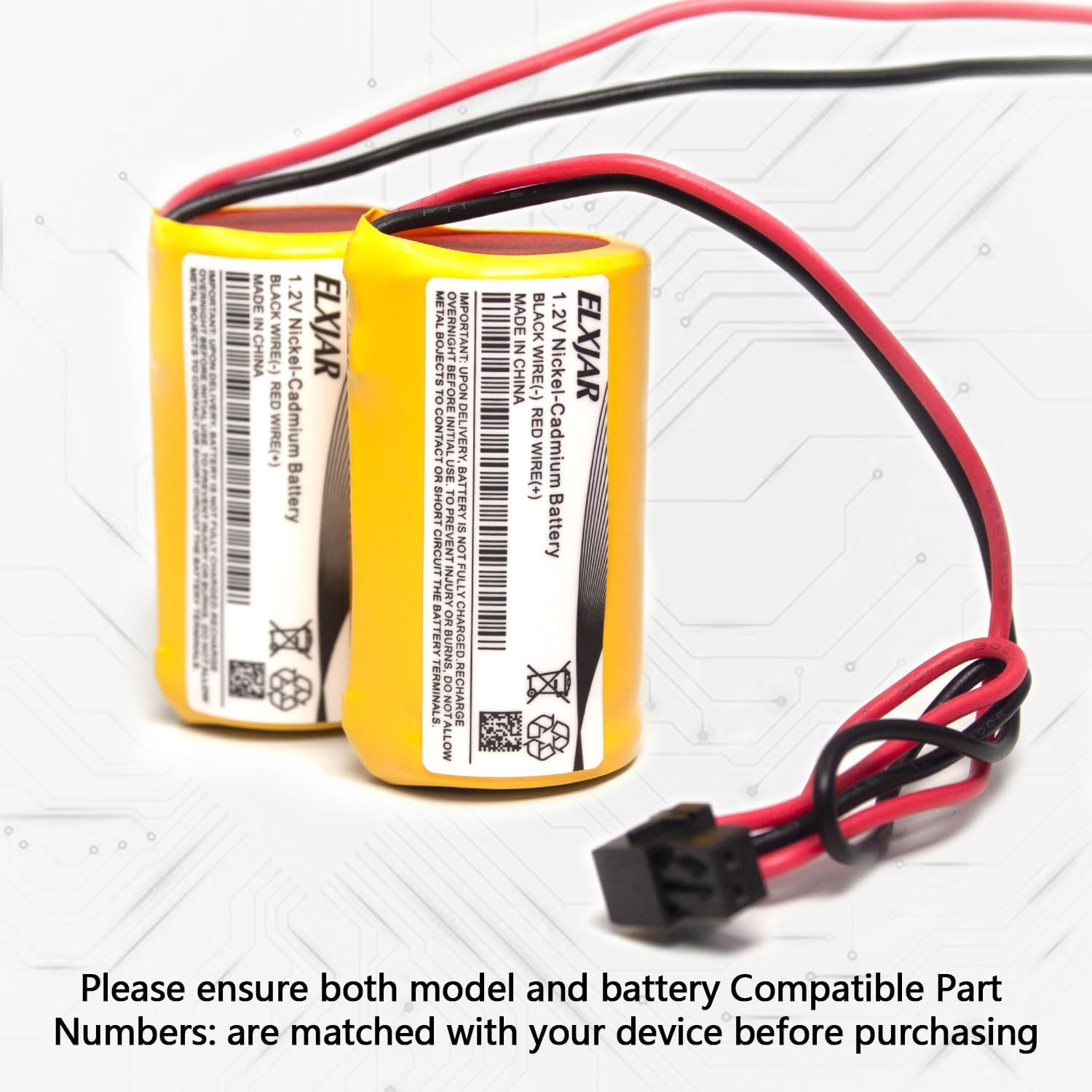 (2-Pack) 1.2V 2000mAh Battery for Lithonia ELB3500 ELB-3500 Exit Signs | Ni-Cd rechargeable battery packs with wire leads and Lithonia-style black plugs for exit signs and emergency lights.