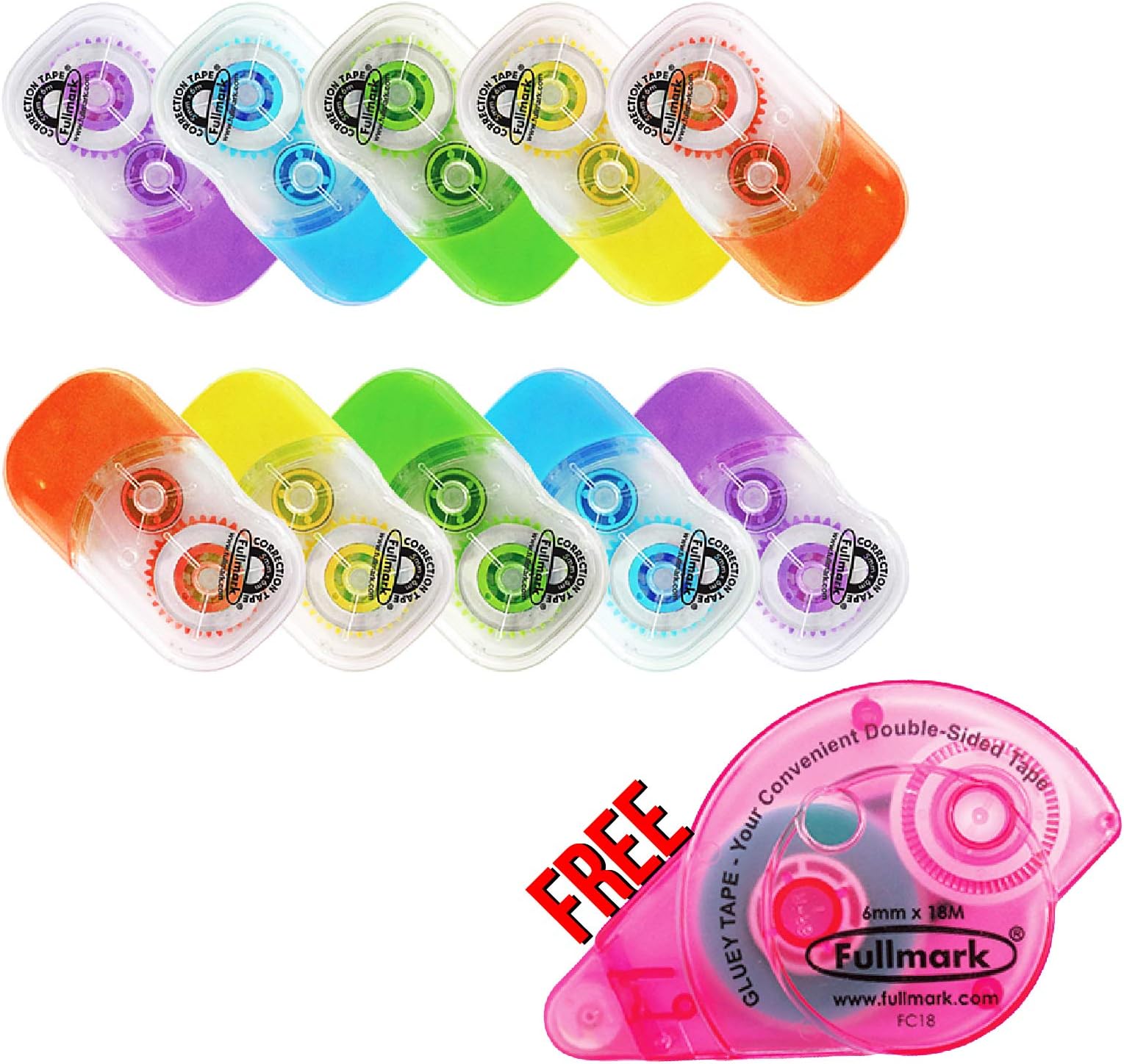 FullmarkCorrection Tape 0.2" X 236 Inches each 10 pack + 1 FREE Glue Tape Roller worth $6.99