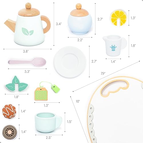 Miniatura 6 de UMU Juego de té de madera para niños  Juguete de fiesta de té con tazas coloridas, bolsas de té, rodajas de limón y más  Juguete Montessori para