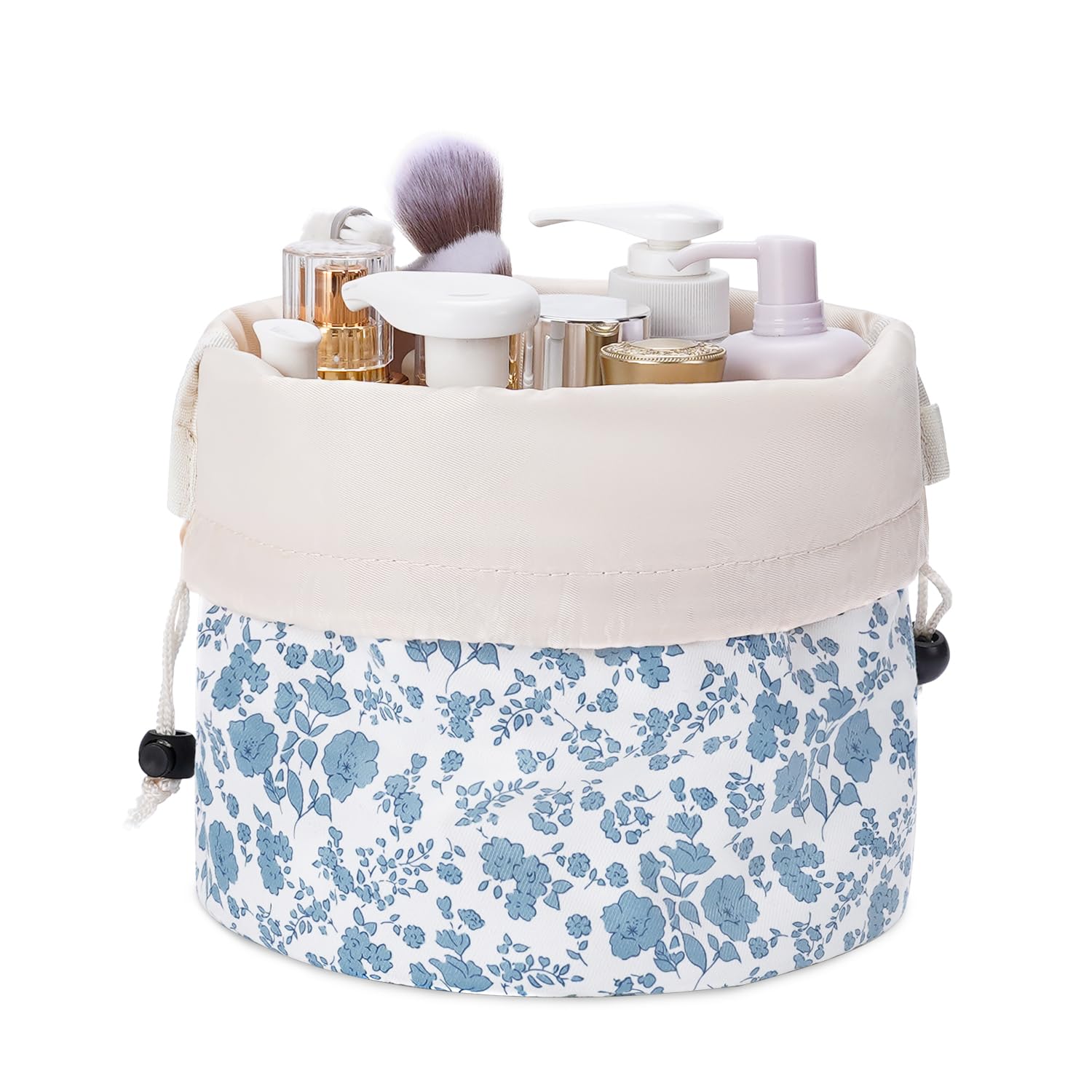 Narwey Barrel Drawstring Floral Makeup Bag Large Cosmetic Bag Make up Bags Toiletry Bag Travel Bags for Toiletries Organizer for Women Gift for Teen Girls (Large, Little Blue Flower)
