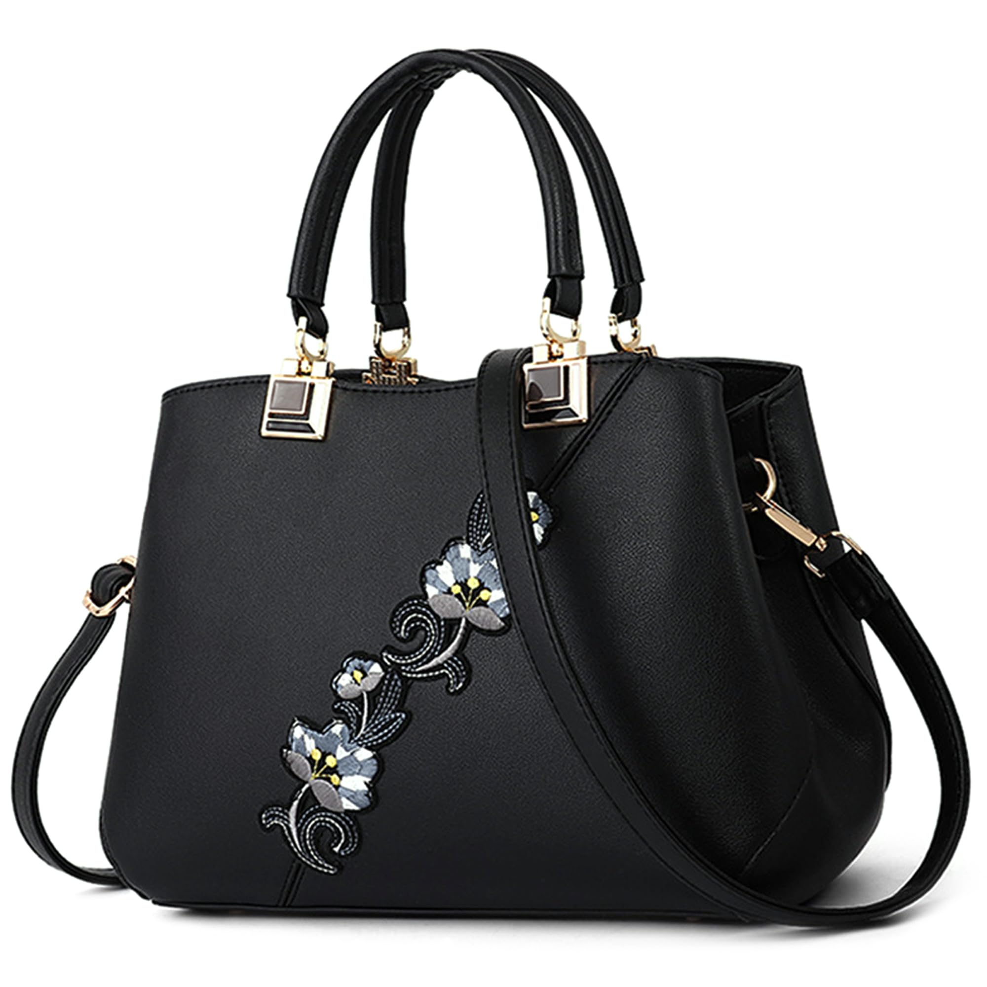 VARLIVOO Bolso Mujer Elegante Bolso de Mano con Bordado Floral PU Piel Bolsa Bandolera Marca para Trabajo Viajes Compras Fiesta Negro