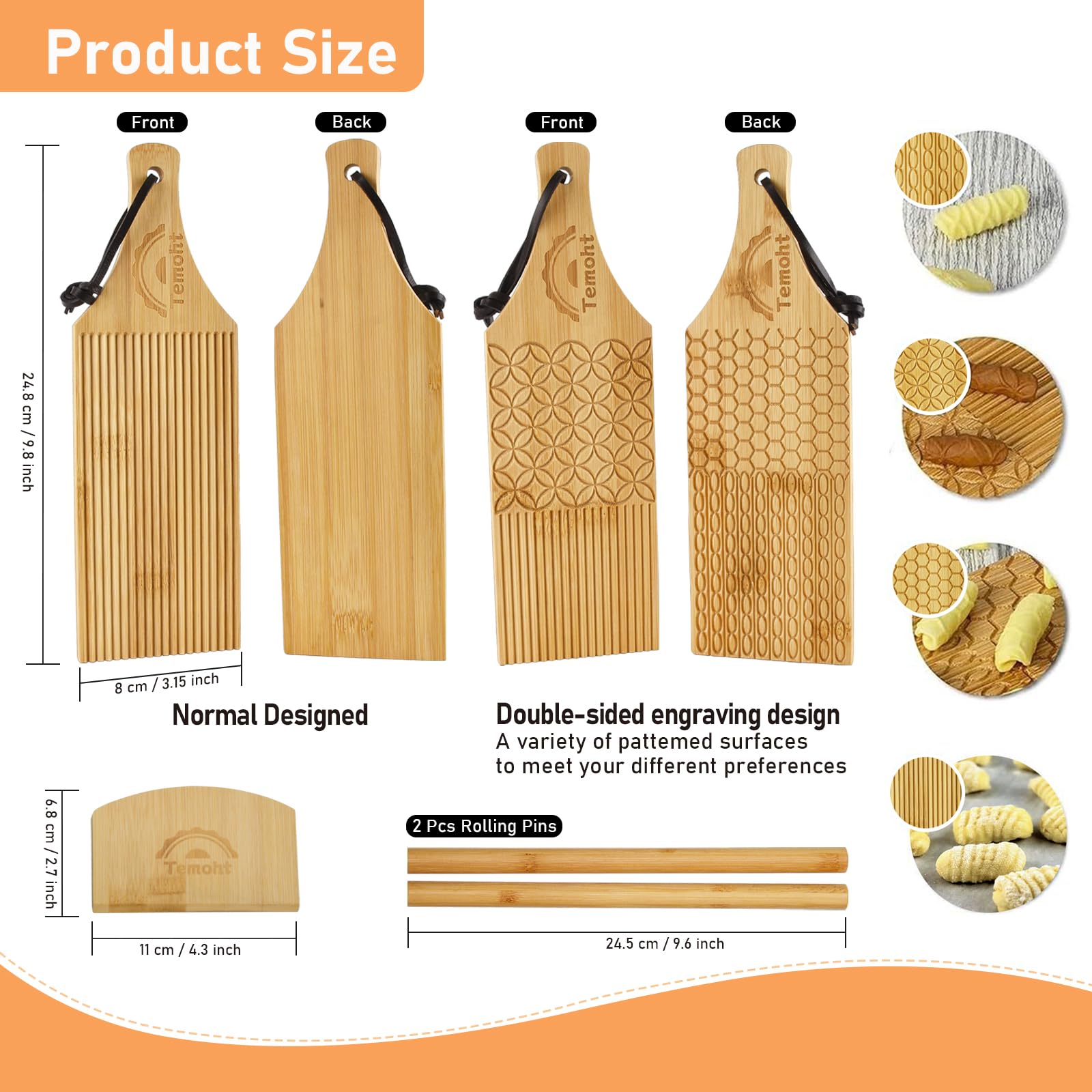 Temoht Gnocchi Board Set for Rolling Dough - includes 4-in-1 paddle and a standard paddle, 2 rollers and 1 cutter - Authentic Bamboo Butter Paddles, Pasta Shaping Tools, Gift for pasta enthusiasts