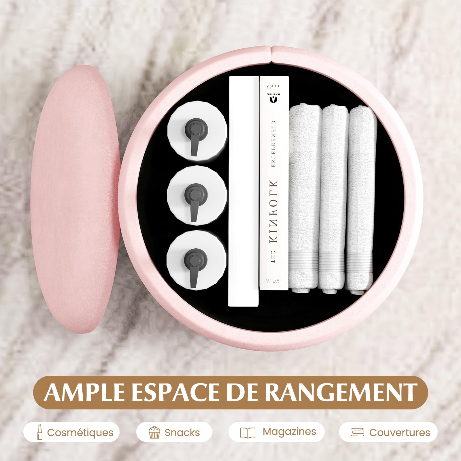 COSTWAY Lot de 2 Poufs Rangement en Tissu Lin, Pouf Coiffeuse Empilable, Garniture Argentée, Coussinets Antidérapants, Siège Rembourré, Tabouret Rond pour Coiffeuse Chambre Salon (Rose)