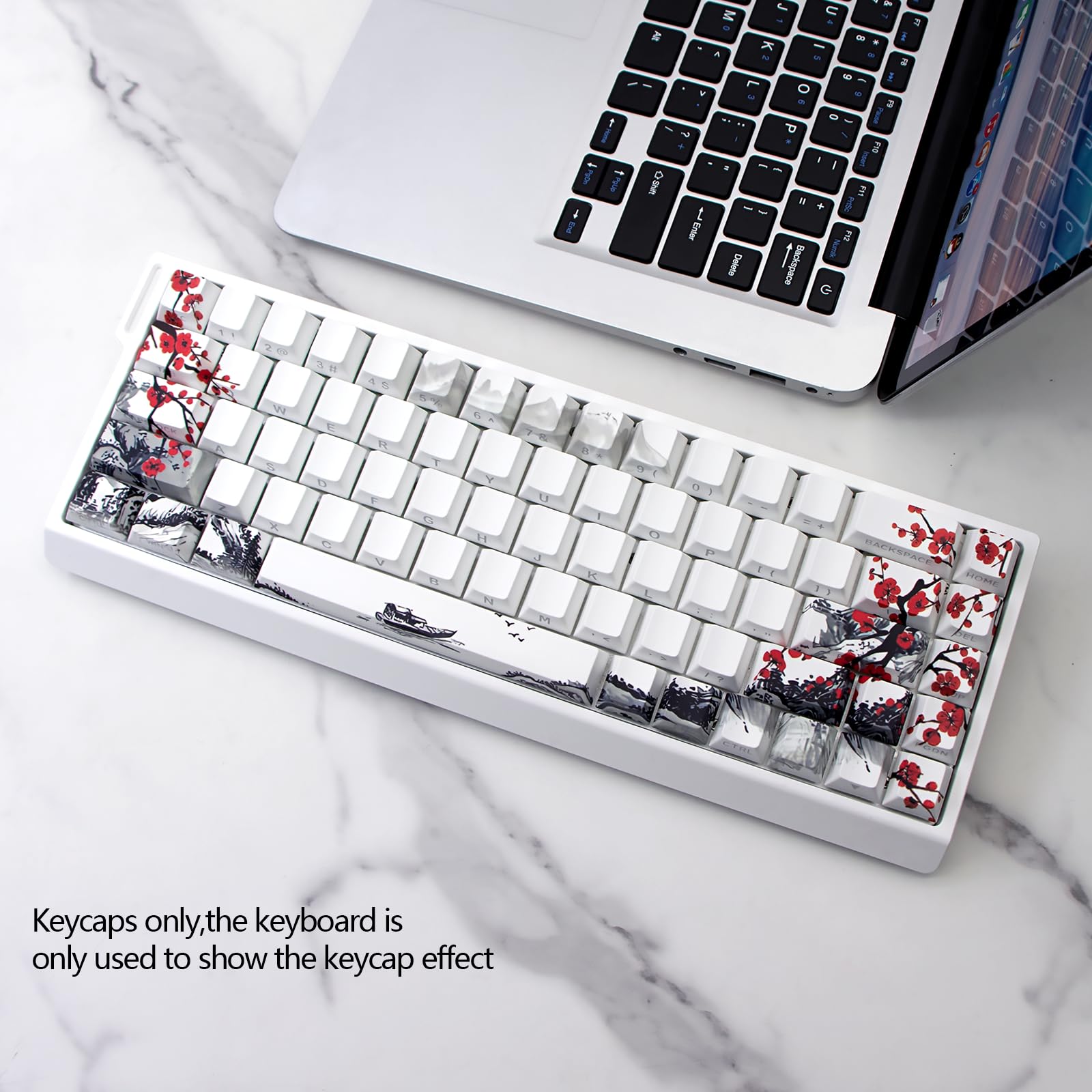 Keycap bianco a tema Plum Blossom, tasti traslucidi stampati lateralmente, 74 tasti Cherry Profile Keycap set adatto per switch Cherry MX 60/61/65/67/68 tastiere meccaniche (solo cappucci)