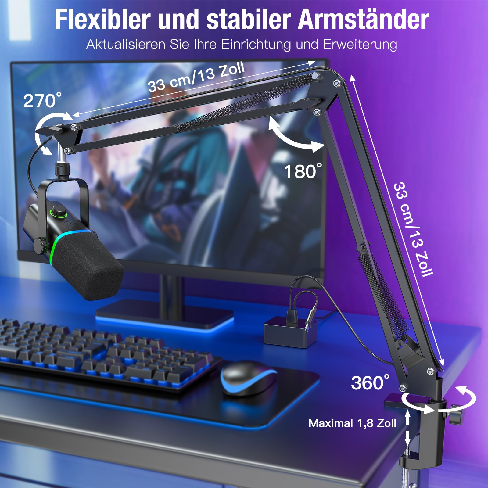 zealsound Dynamisches Gaming Mikrofon mit Arm, XLR/USB Mikrofon, KD8S | Mit Stummschaltung, Gain-Regler, USB-C & Lightning Adapter, Kompatibel mit PC, Handy & Soundkarten, für Podcast & aufnahmen