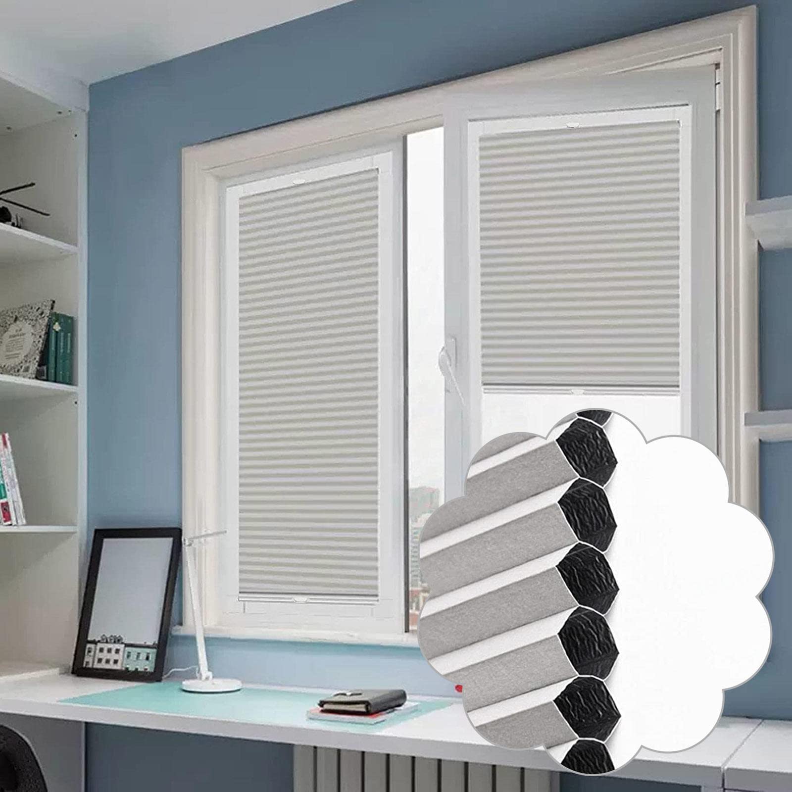Pxzybd Blackout Cellular Shades,Grey Honeycomb Blinds for Windows,Cellular Pleated Blinds,Honeycomb Pleated Shades Thermal Curtains,Bottom Up,Top Down,for Home Office,W×H-50x100cm/19.7 * 39.4in