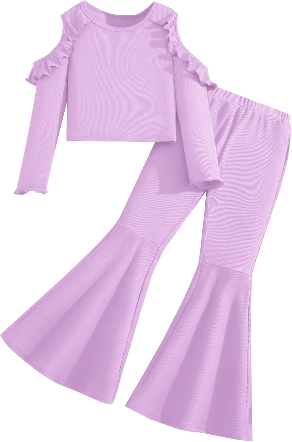 Hilinker Girl's Long Sleeve 2 Piece Outfits Ribbed Ruffle Cold Shoulder Top and Flare Pants Set