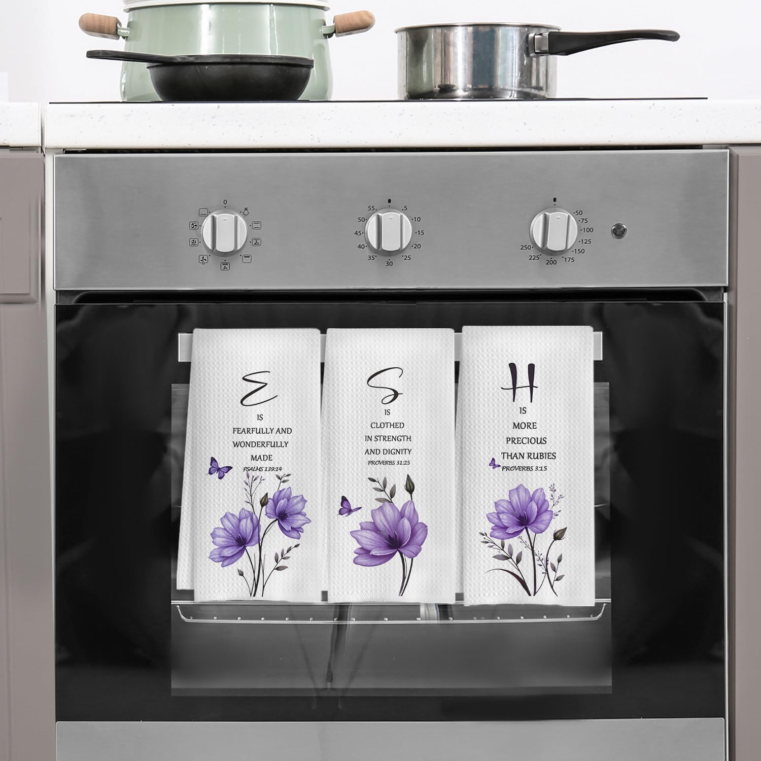 Purple Floral Christian Kitchen Towels, Inspirational Bible Verses Hand Towels for Bathroom Decor, Christian Gifts for Women, Religious Decor Dish Tea Towels for Kitchen, 16x24 Inch Set of 3 - Image 4