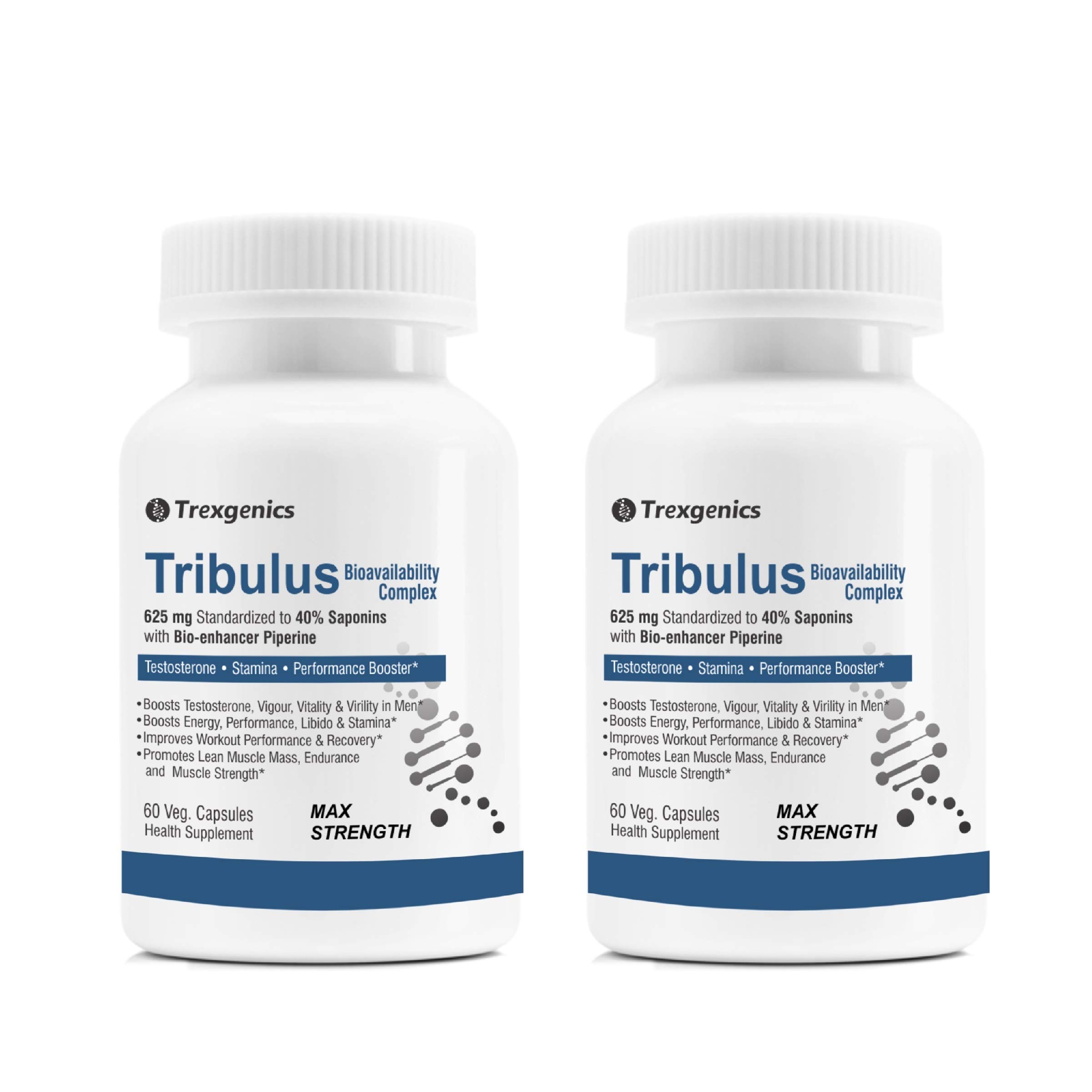 Trexgenics® TRIBULUS 40% 625 mg Bioavailability Complex (Bioactive 40% Saponins) with Bio-enhancer Piperine 5mg (60 Veg caps) (2 Bottles)