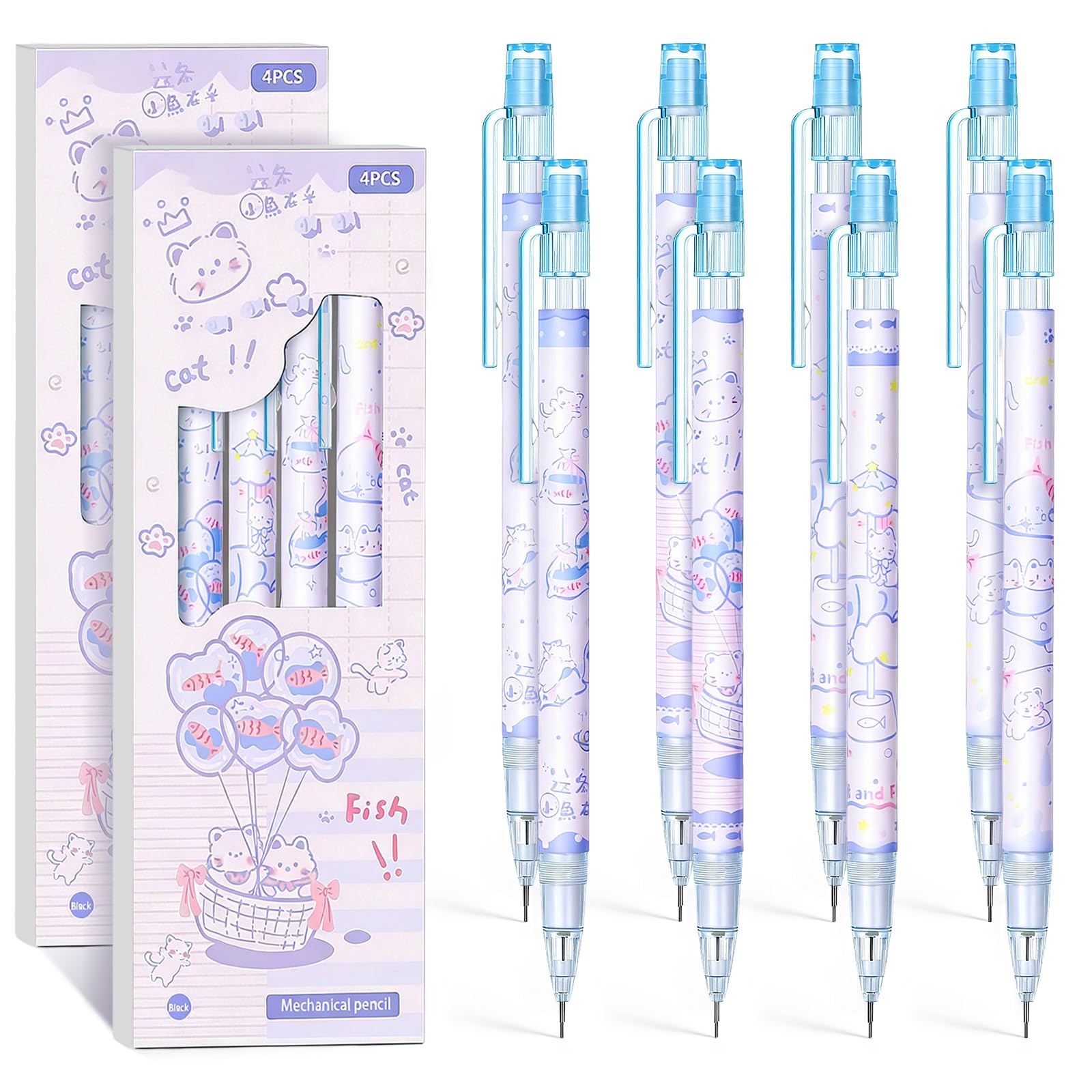 Lot de 8 porte-mines mignons en forme de chat en forme de poisson de 0,5 mm, crayons kawaii pour l'école, les étudiants, les femmes, le bureau, l'école