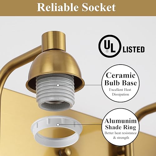 Miniatura 4 de Luces de tocador de vidrio de leche de acero inoxidable para baño, 3 lámparas de baño doradas claras sobre espejo, enchufes E26 de cerámica montados