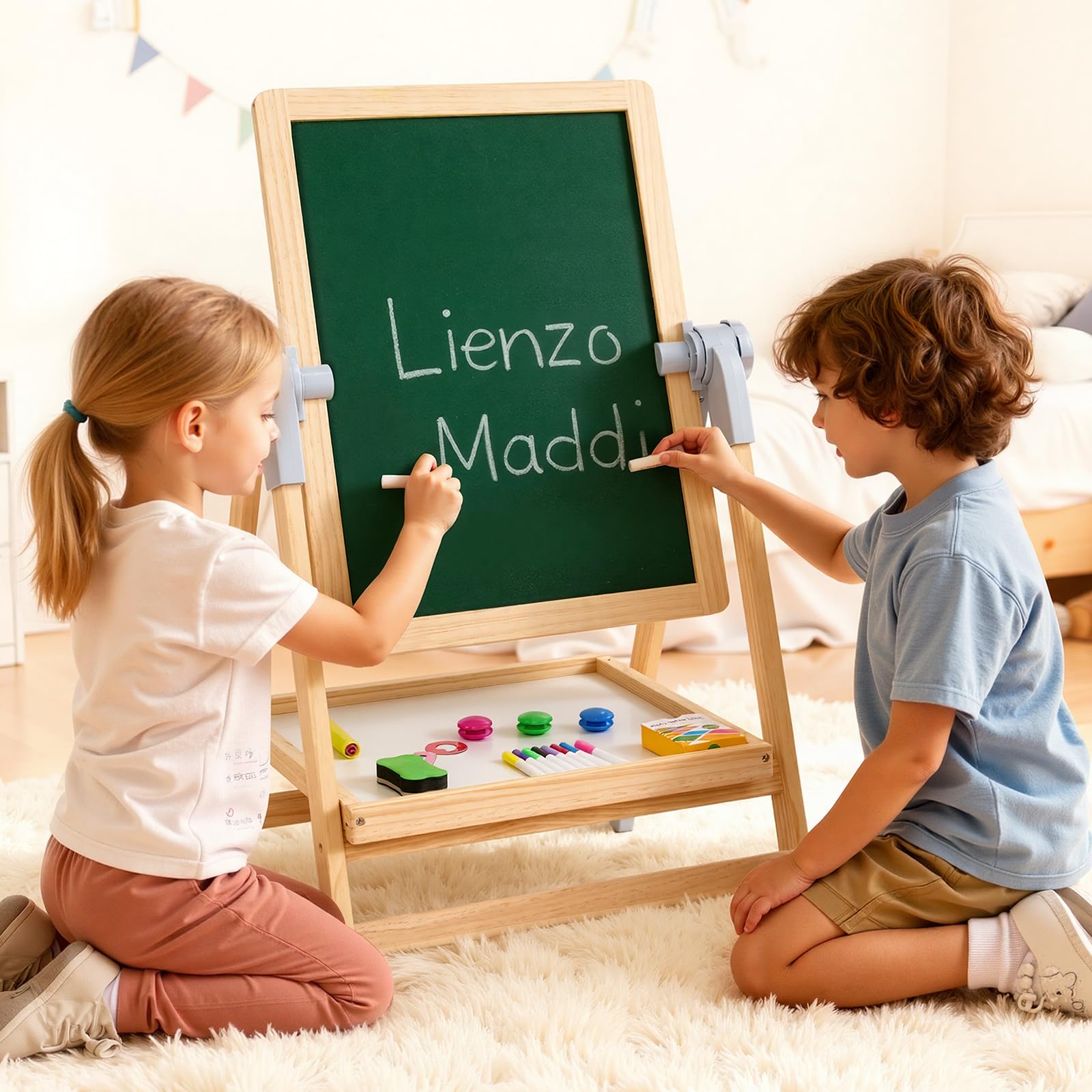 VEVOR 2 en 1 Caballete para Niños, Caballete de Madera de Doble Cara con Pizarra Magnética y Pizarrón, Tablero de Dibujo Plegable Giratorio de Pie Ajustable con Accesorios de Pntura para Niños