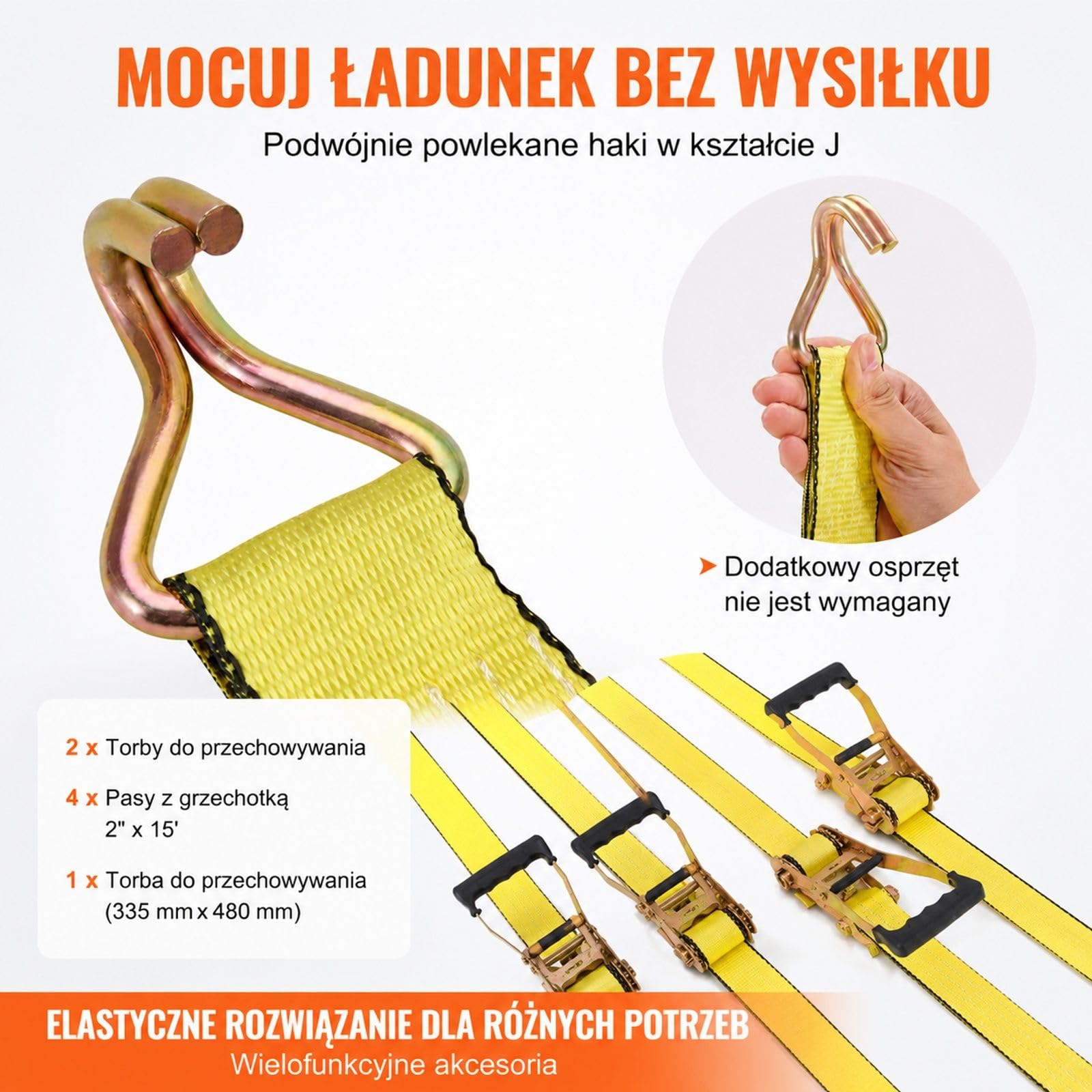 Zestaw 4 pasów mocujących z grzechotką, taśma poliestrowa i podwójne haki J ze stali węglowej, do motocykla roweru kajaka łodzi ATV UTV