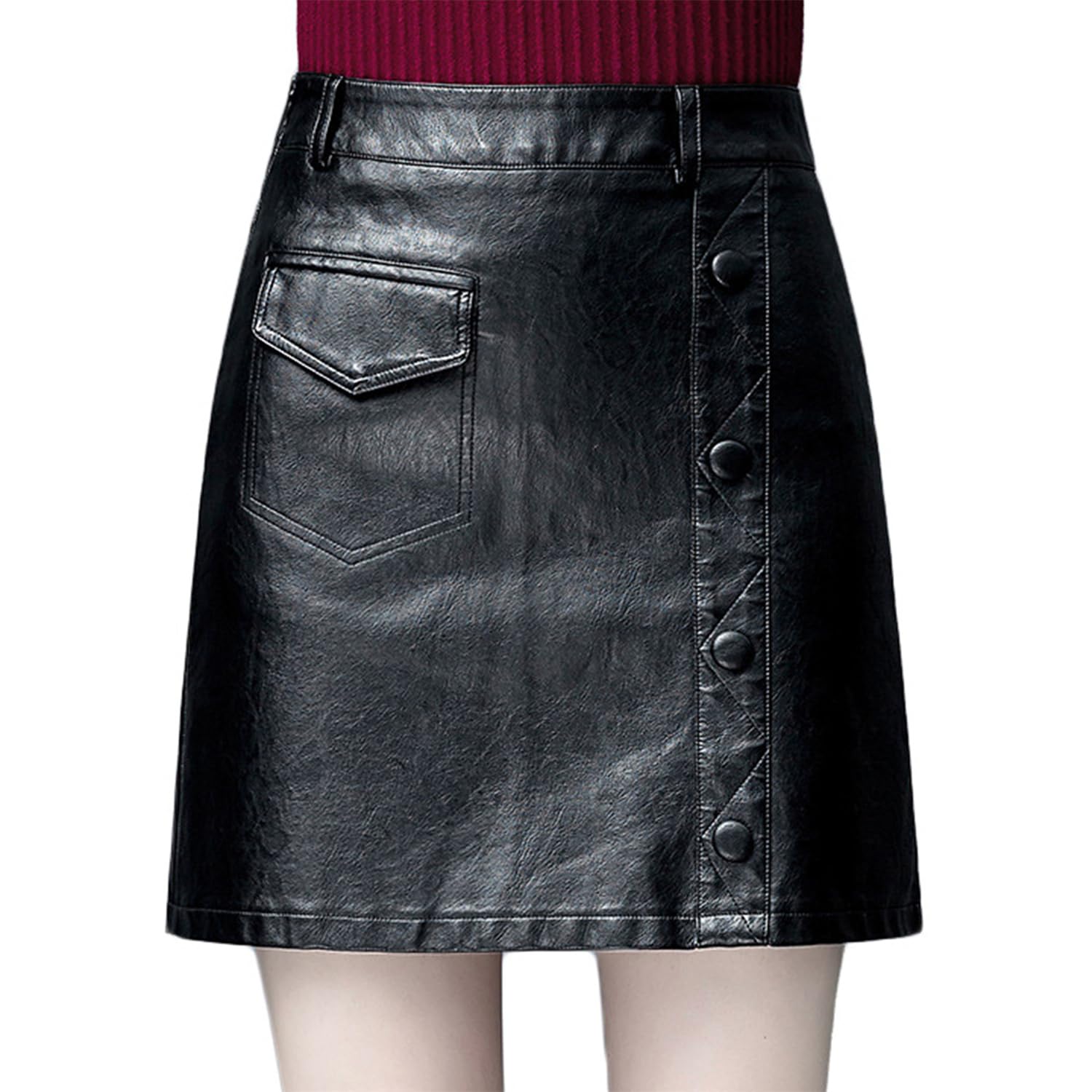 Jupe Simili Cuir Mini A-Line Jupe Cuir Fermeture Éclair Femmes Jupe évasée Plissée Solide Jupes Patineuses Courtes Grande Taille Short Décontracté pour Femme Rétro Bouton