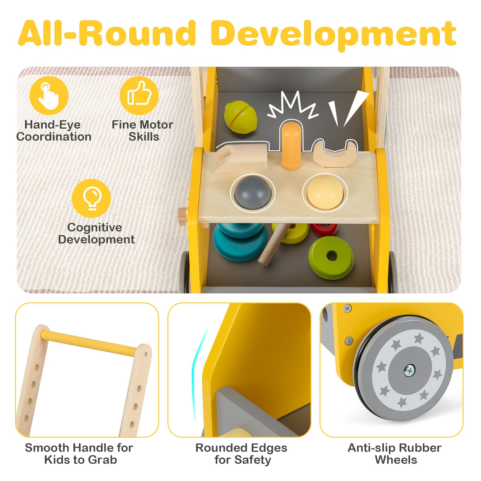 LIFEZEAL Girello, in Legno, Girello per Bambini, con 4 Ruote, Primi Passi per Bambini con Giocattoli Montessori, Baby Walker a Forma di Camion, Carrellino con Banco da Lavoro per Bimbi, Giallo