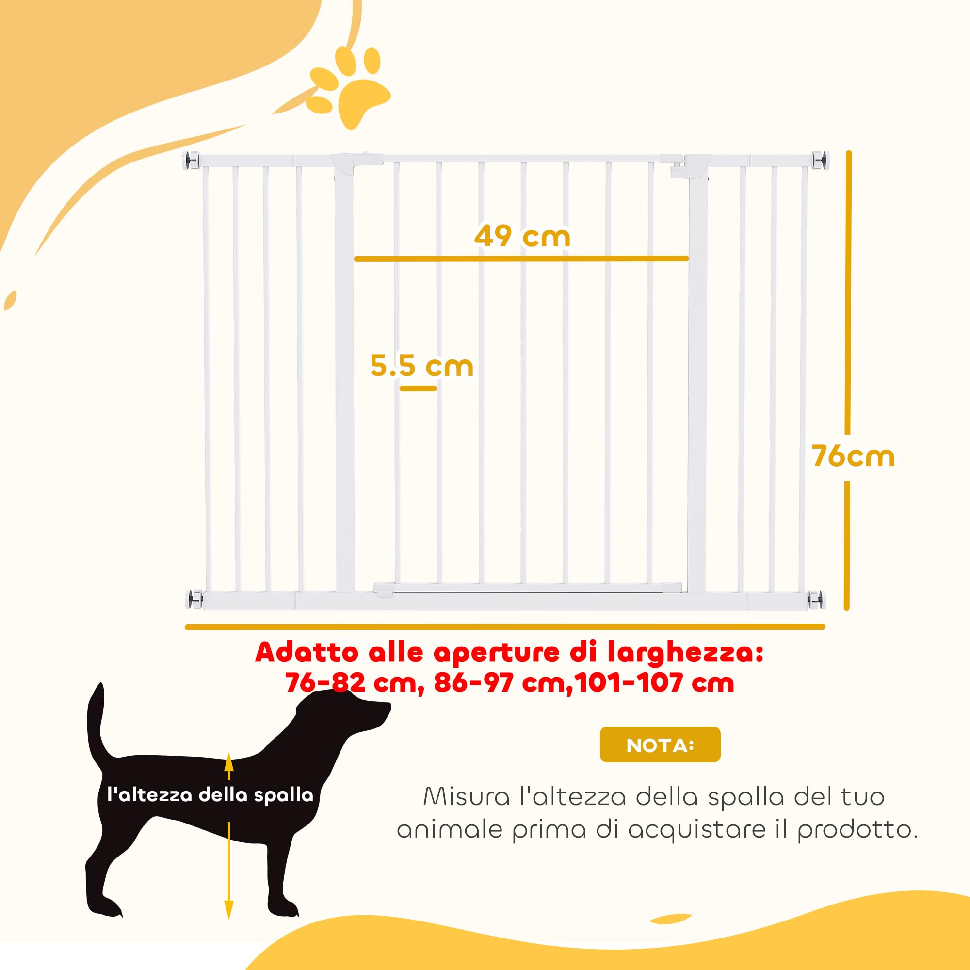 PawHut Cancellino per Cani di Sicurezza Estensibile da 76-82/86-97/101-107 cm Montaggio a Pressione, Metallo e Plastica, Bianco