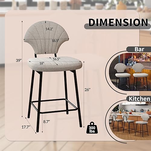 Miniatura 2 de Juego de 4 taburetes de bar en forma de concha, taburetes de bar de altura de mostrador con respaldo, sillas de isla con patas de metal y