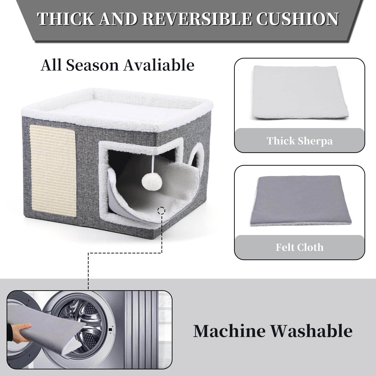 Letti pieghevoli per gatti da interno, 43 x 43 x 32 cm, grande cuccia per gatti con tiragraffi e palla da gioco, Cubo Gatto a 2 livelli con morbidi cuscini bifacciali per tutte le stagioni